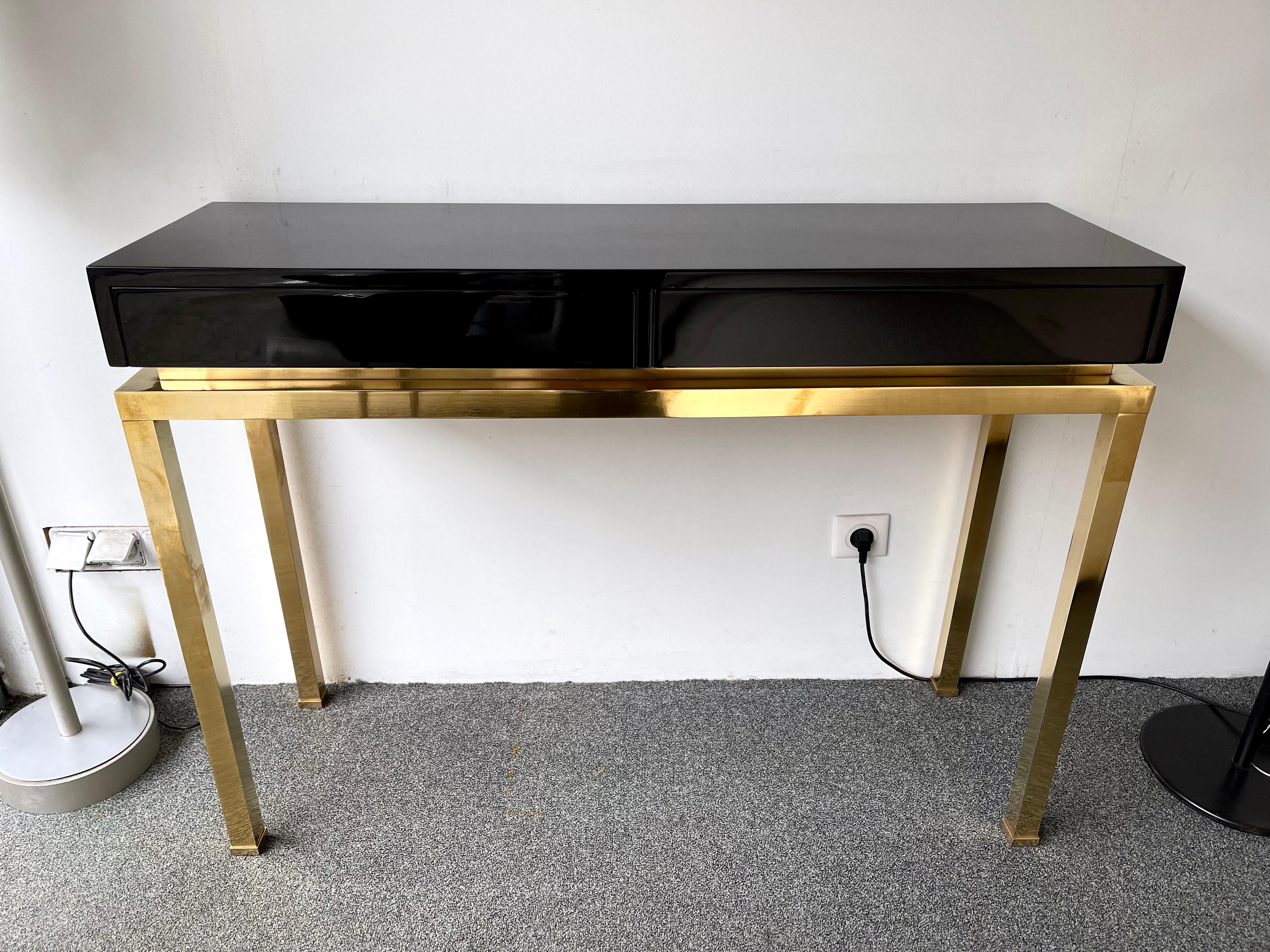 French Lacquered and Brass Console by Guy Lefevre, France, 1970s