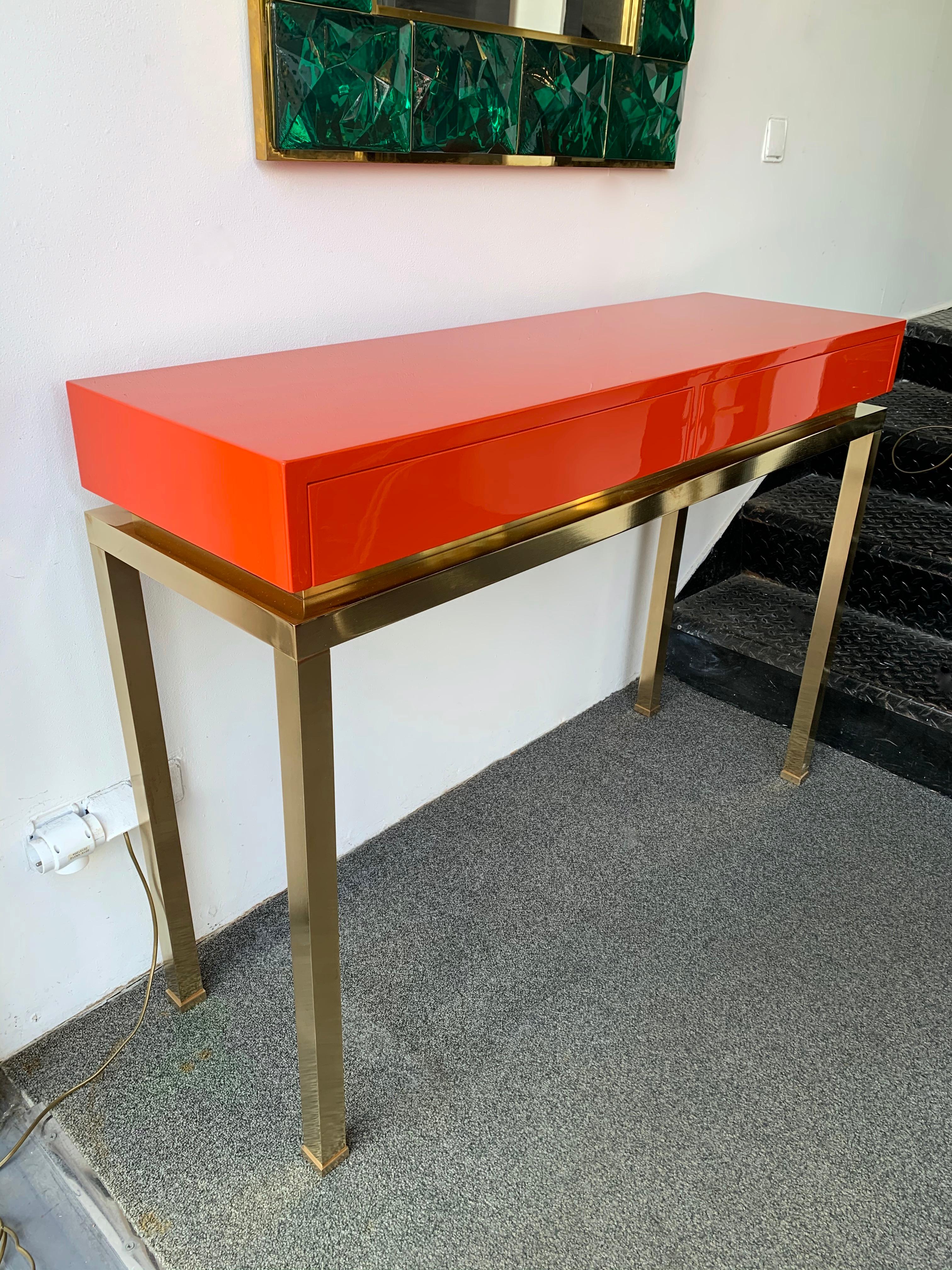 Wood Lacquered and Brass Console by Guy Lefevre, France, 1970s