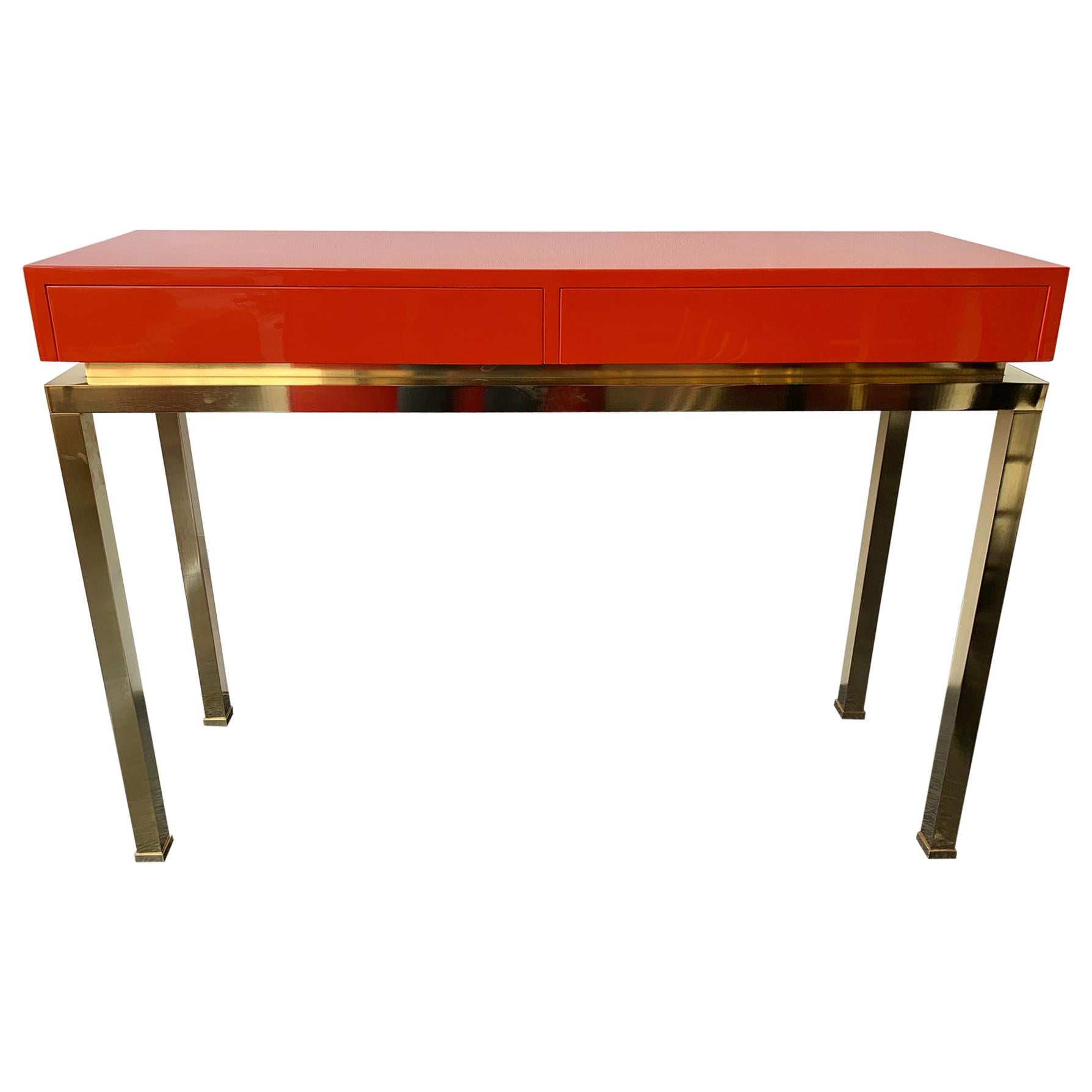 Lacquered and Brass Console by Guy Lefevre, France, 1970s