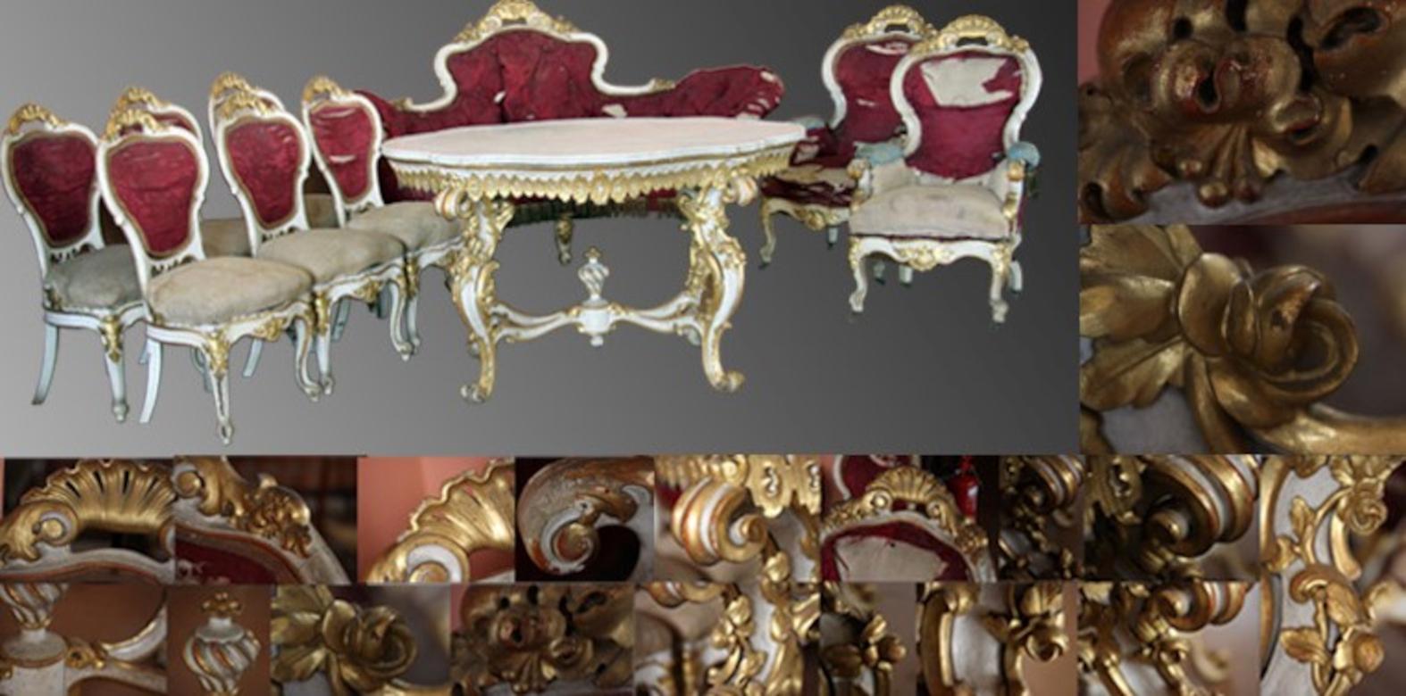 Lacquered and gilded sitting room 
Age: XIX century

Important living room of 1800, composed by six chairs, 2 armchairs, a sofa and a table.
White lacquering with carved and gilded details.

Upholstery to be restored (in photo an image of how the