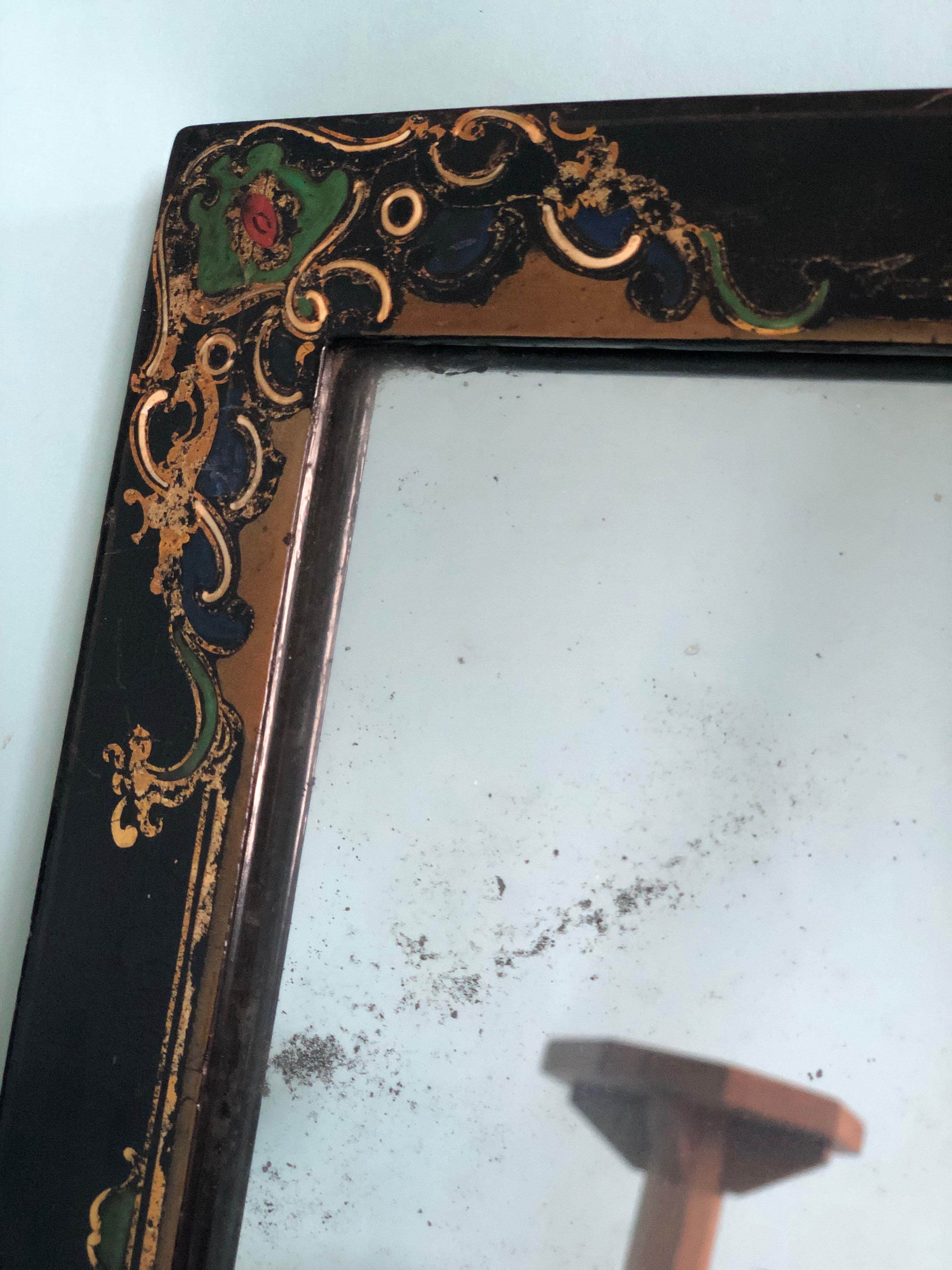 Lacquered and Hand-painted Weathered Mirror Late 19th Century For Sale 1