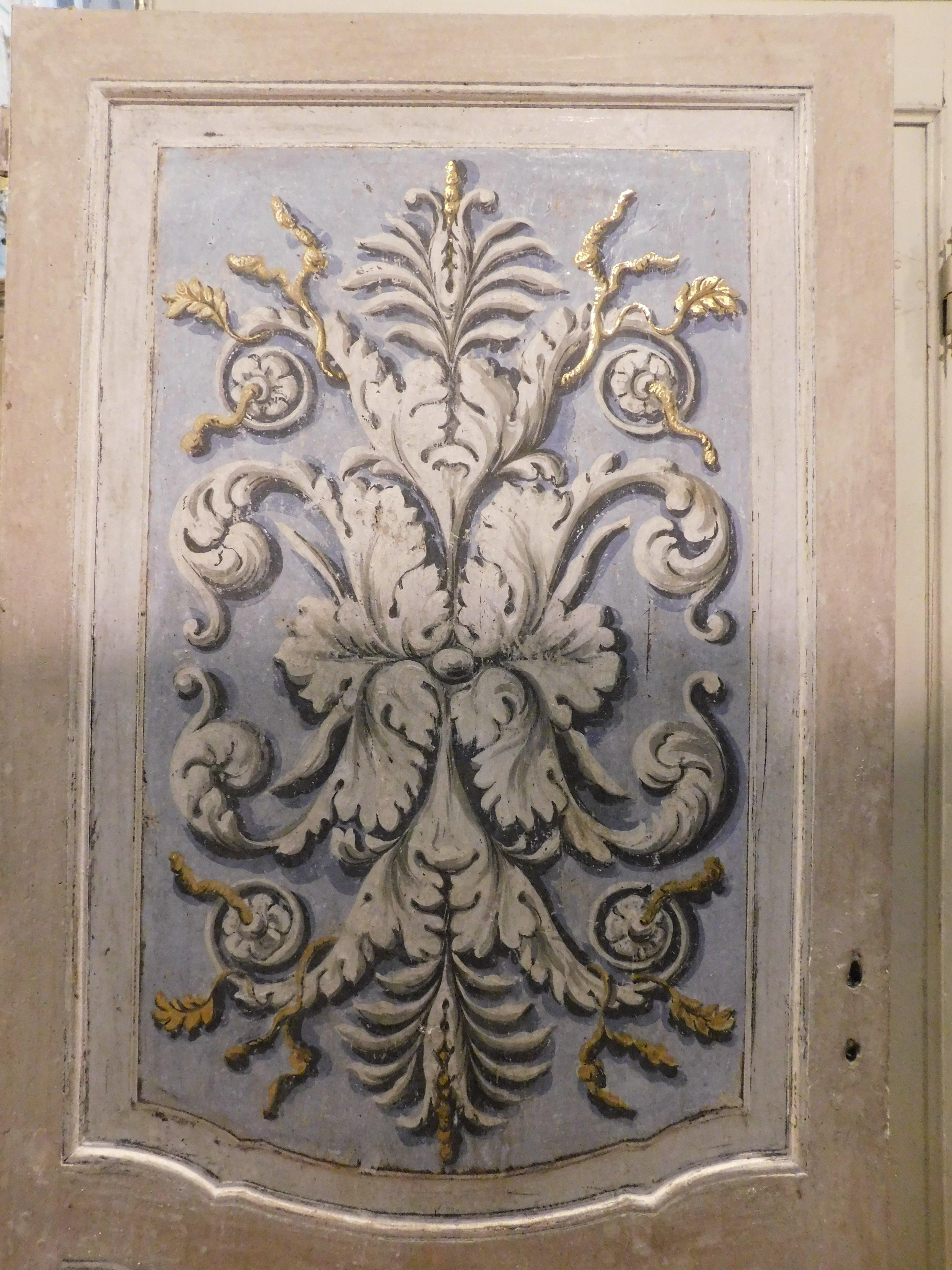 Lacquered and painted door with baroque motifs, blue and gray, Italy For Sale 3
