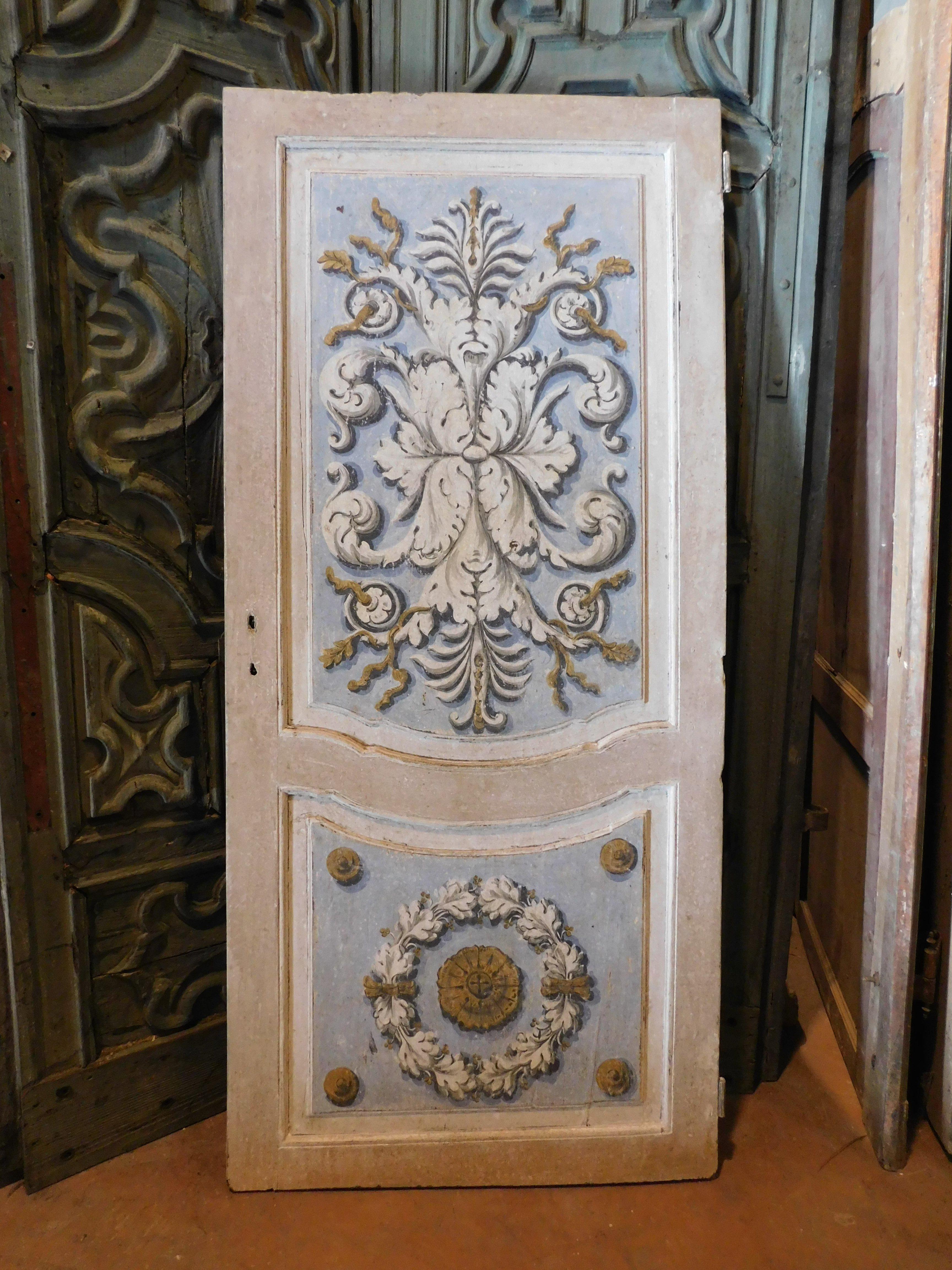 Antique internal door, single door lacquered and richly painted with Baroque motifs, with predominantly blue and gray colors, has gilded parts. Built in the 18th century for an important building in Italy (Florence), it lends itself to being used