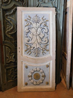 Lacquered and painted door with baroque motifs, blue and gray, Italy