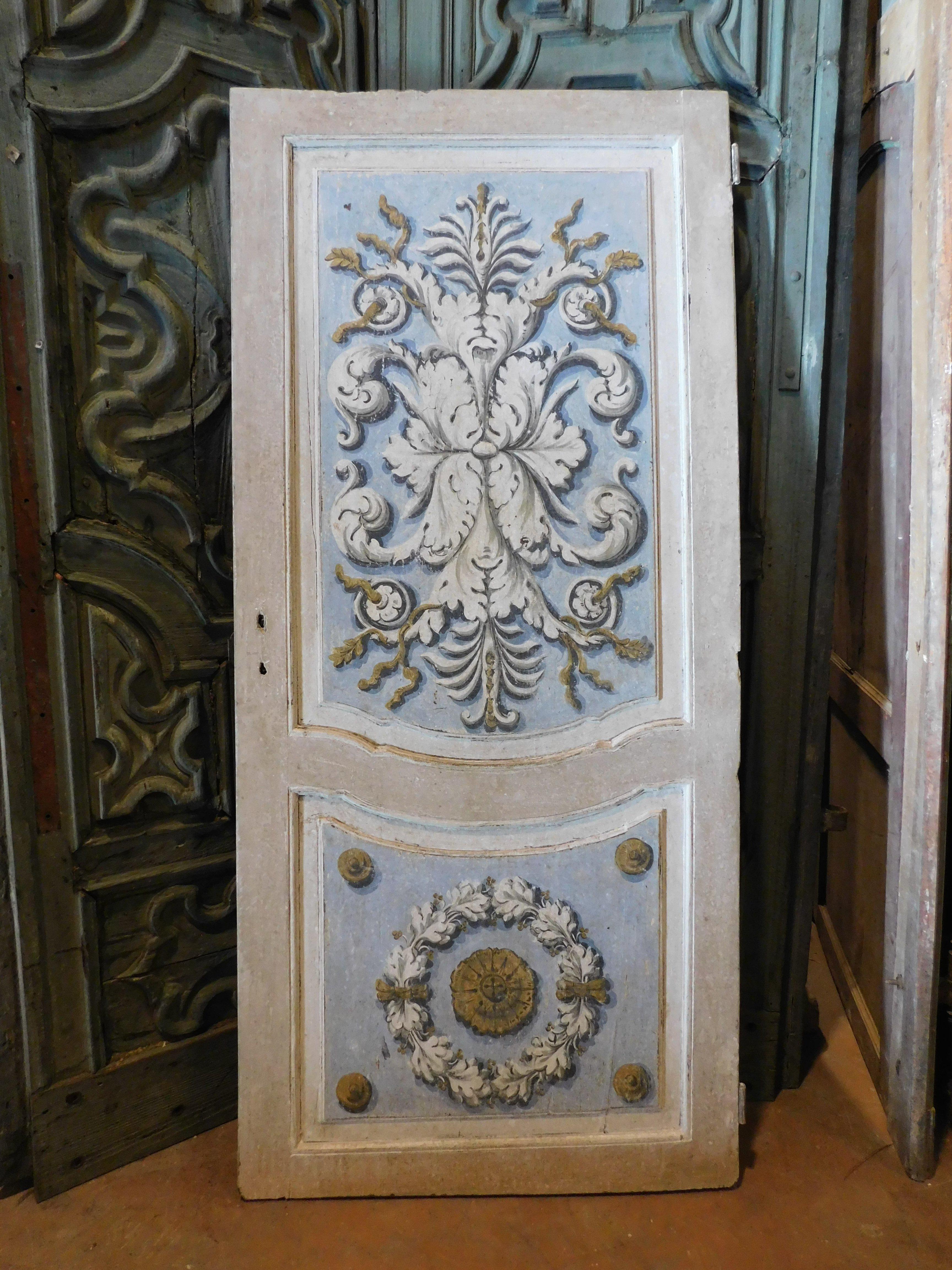 Italian Lacquered and painted door with baroque motifs, blue and gray, Italy For Sale