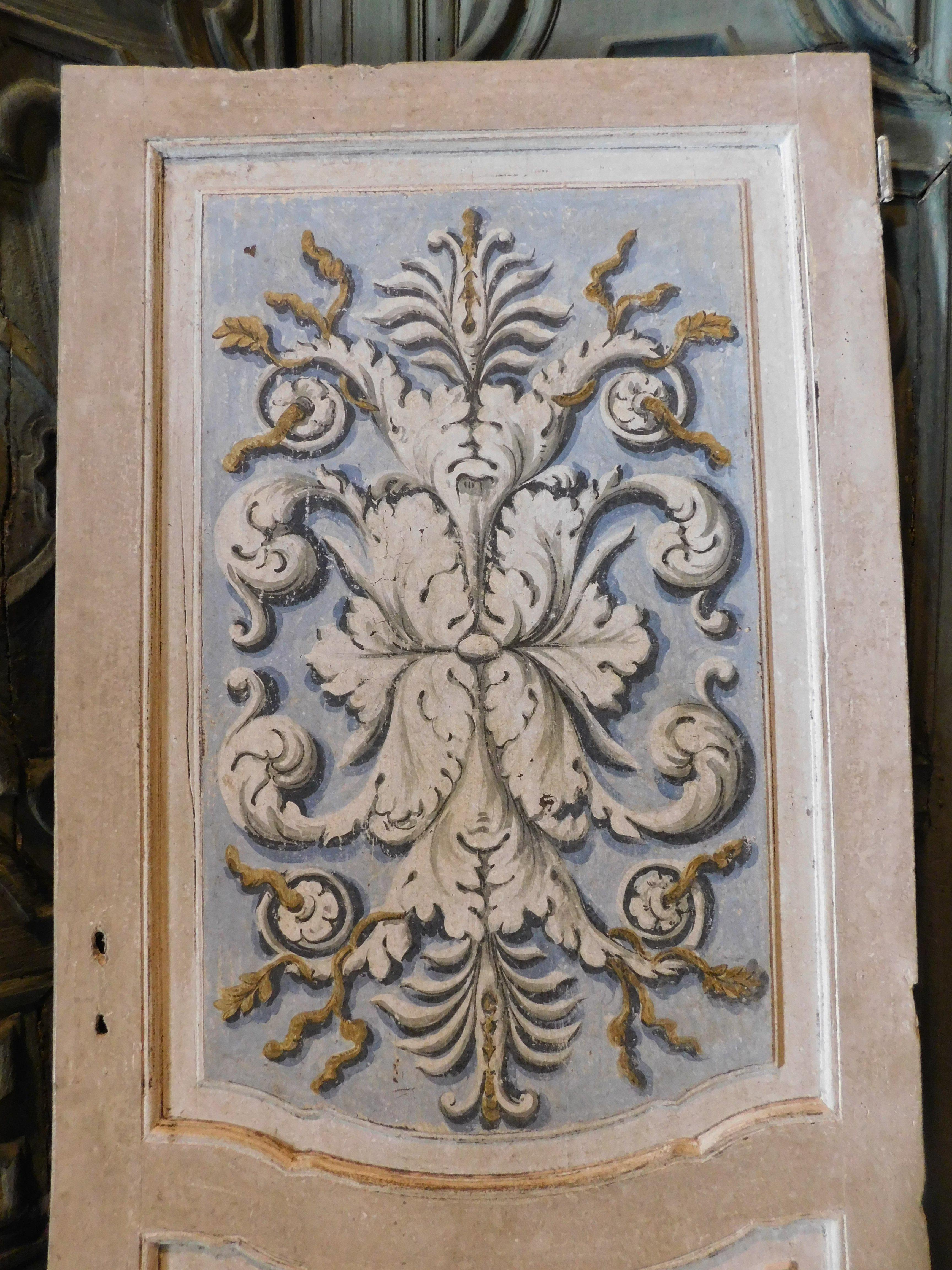 Hand-Painted Lacquered and painted door with baroque motifs, blue and gray, Italy For Sale