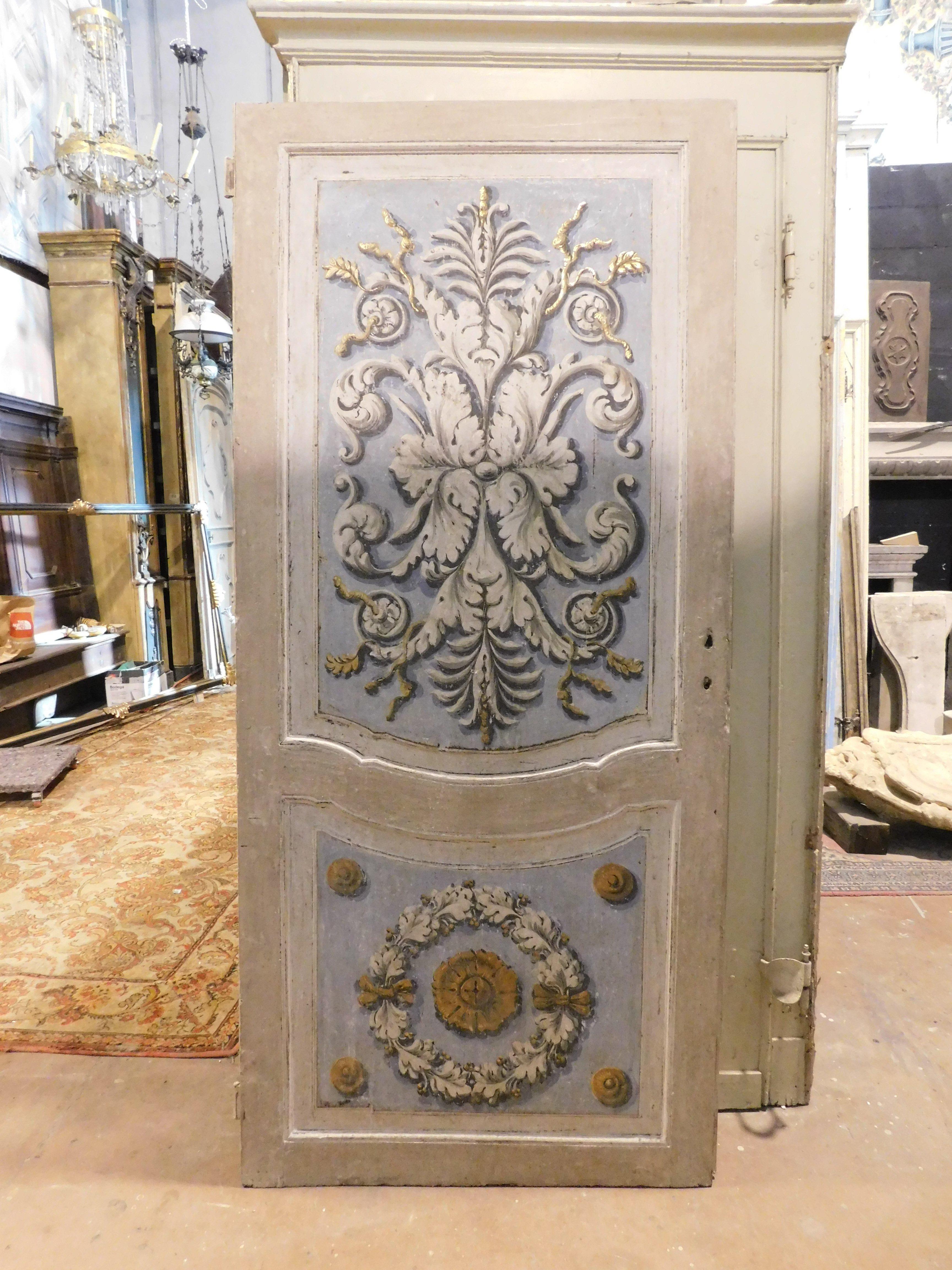 Lacquered and painted door with baroque motifs, blue and gray, Italy For Sale 1