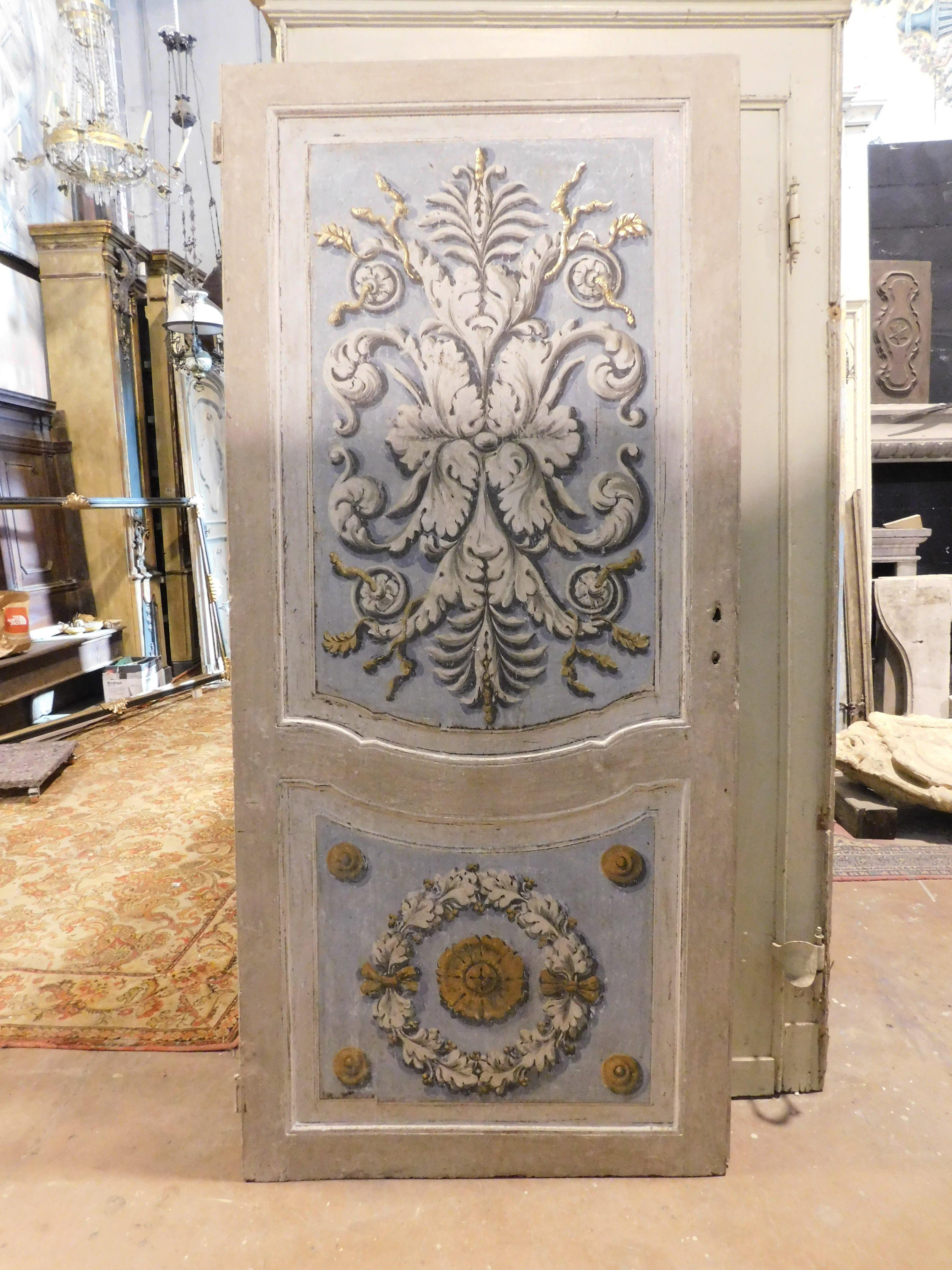 Lacquered and painted door with baroque motifs, blue and gray, Italy For Sale 2