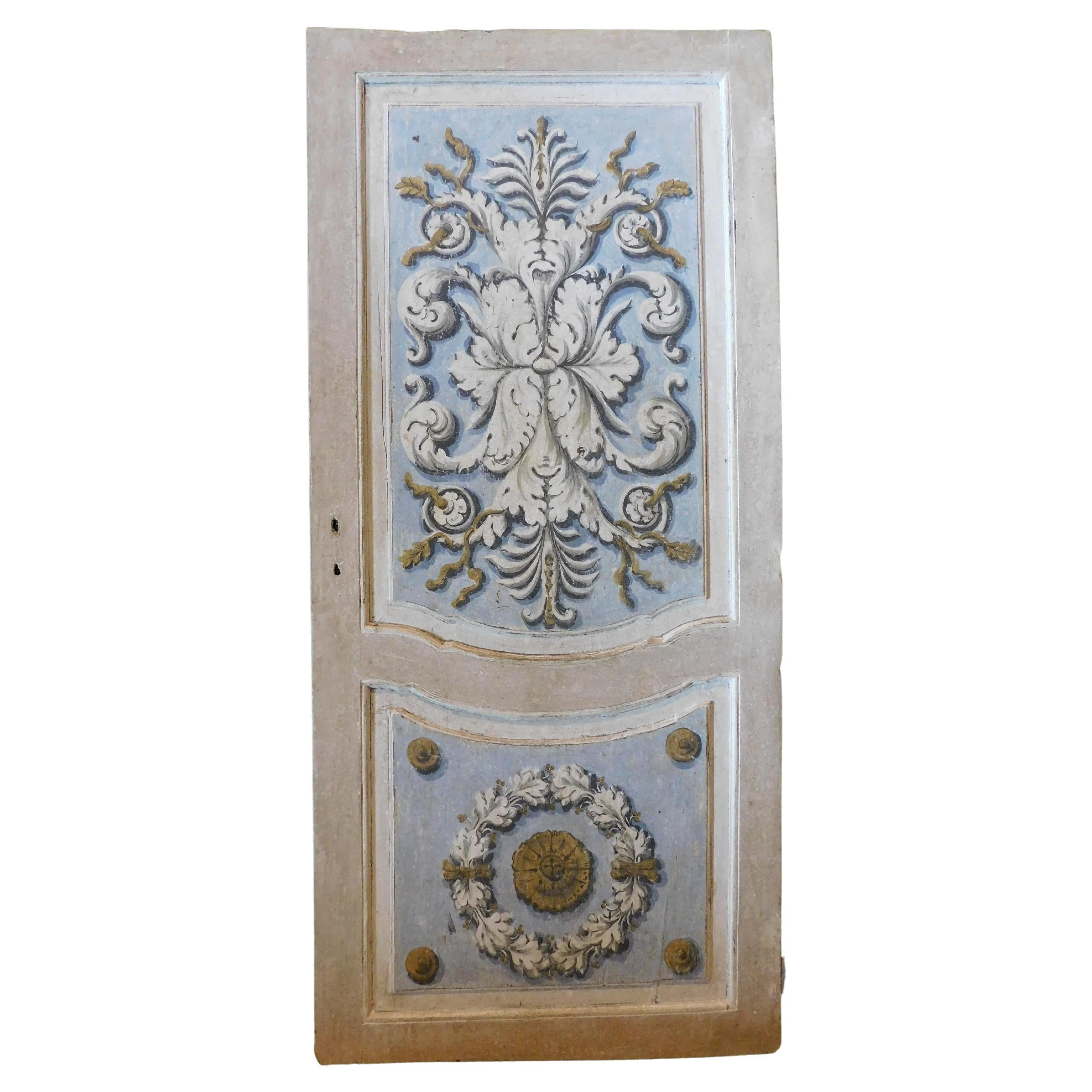 Lacquered and painted door with baroque motifs, blue and gray, Italy
