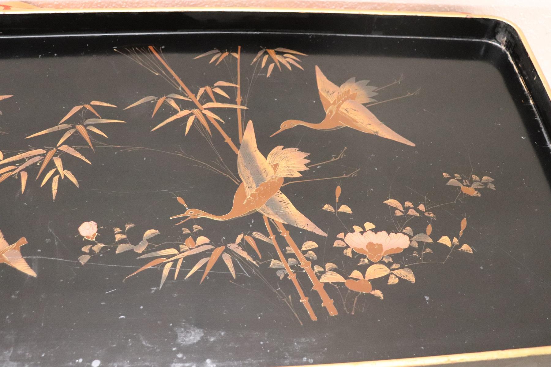Italian Lacquered and Painted Wood Tray with Chinoiserie Decoration