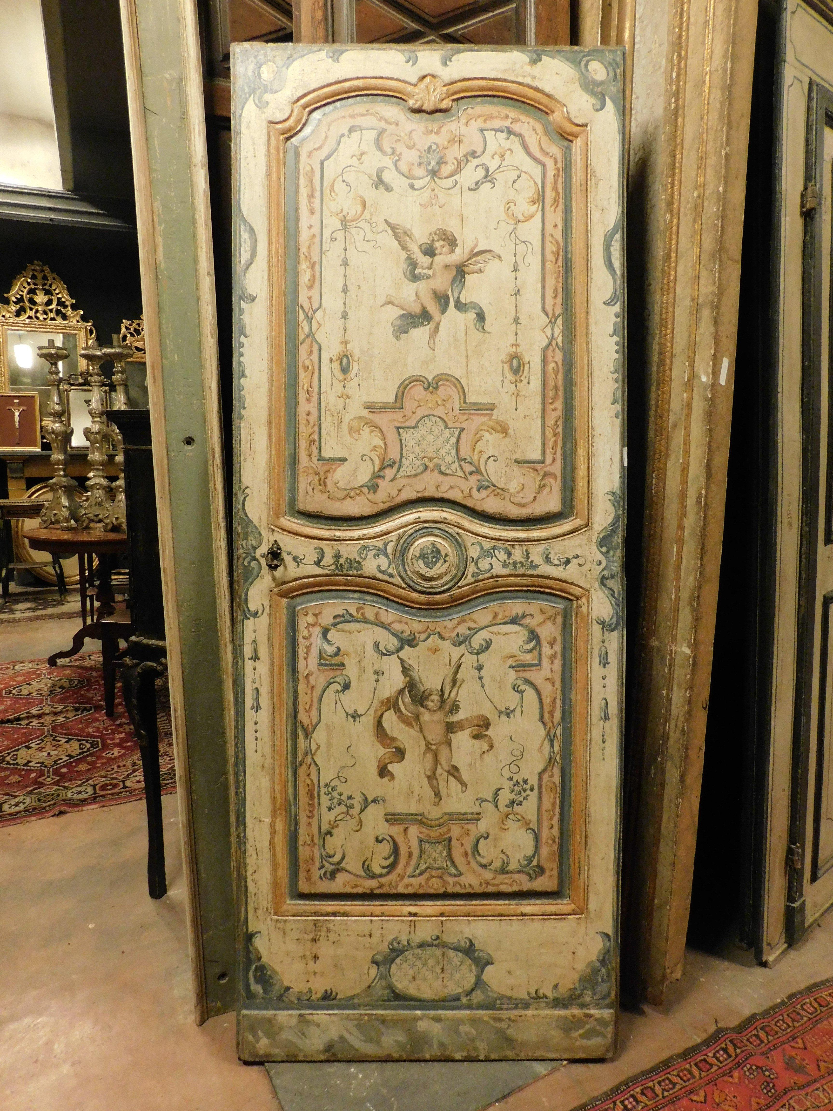 Antique interior door in lacquered and richly hand-painted wood, double-sided with typical decorations of the time, from Tuscany, original from the 18th century, painted with cherubs and grotesque flora, without frame, maximum size w 81 x H 212 cm ,