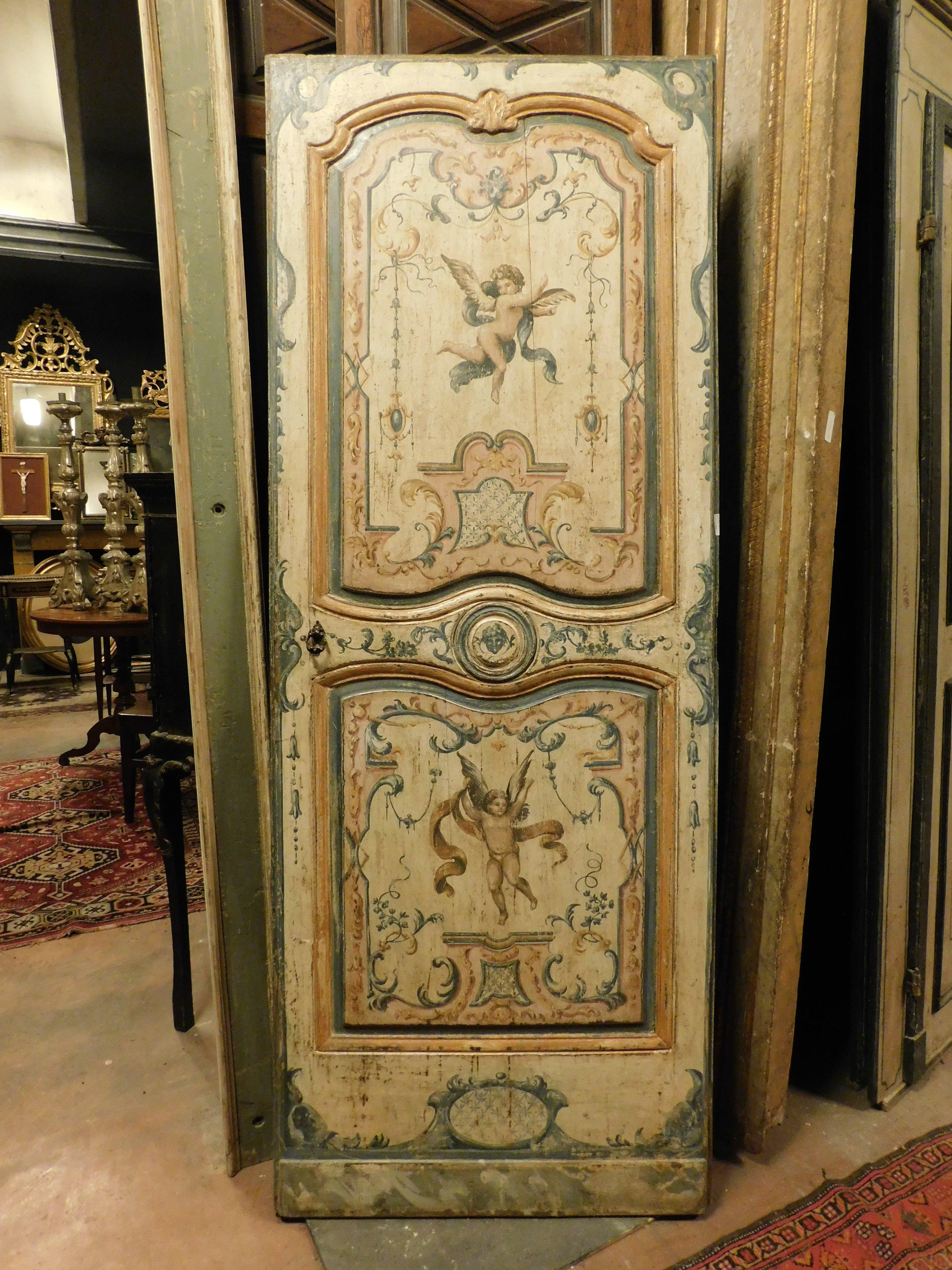 Italian Lacquered and richly painted wooden door, double-sided, Tuscany For Sale