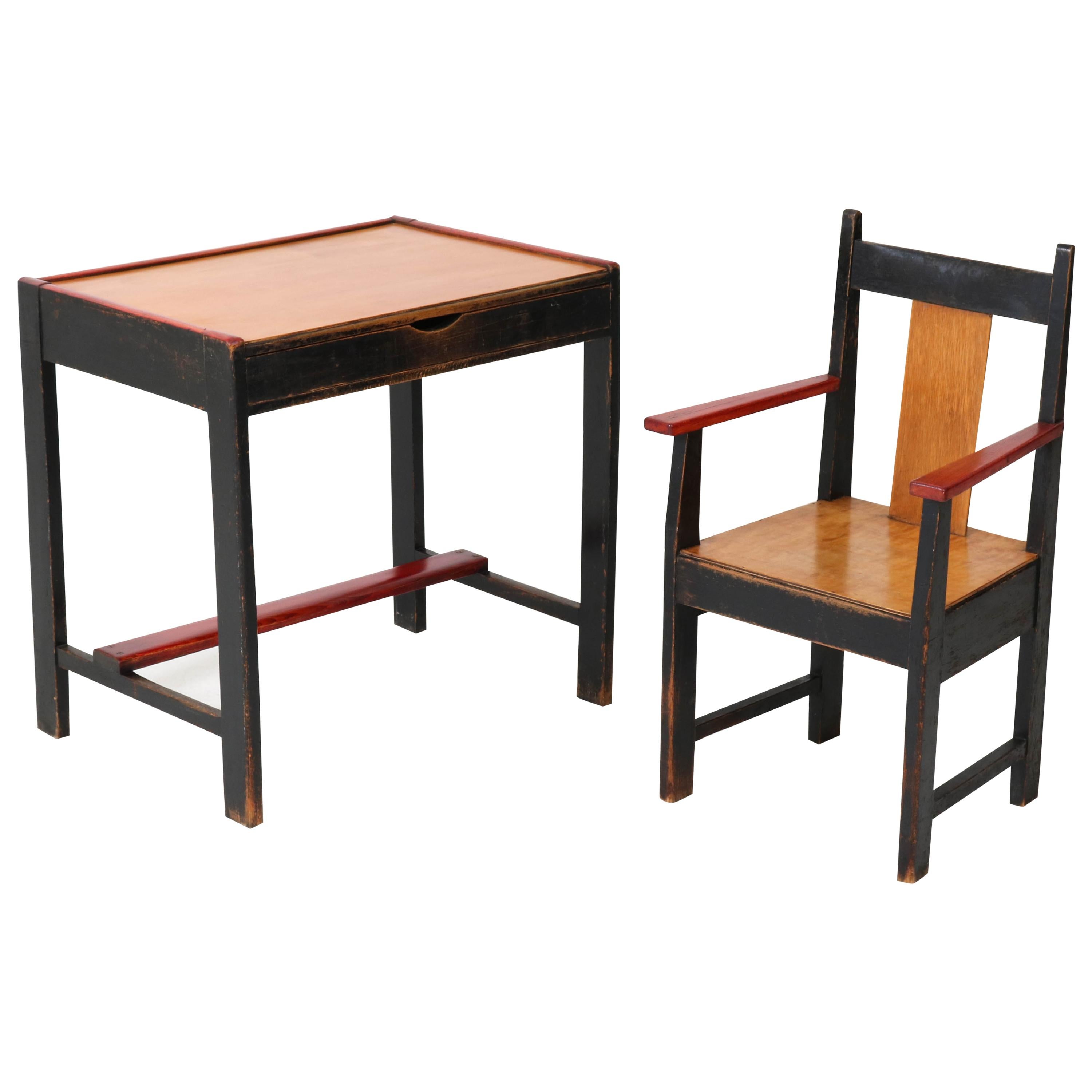 Lacquered Art Deco Haagse School Children's Table and Armchair by Cor Alons