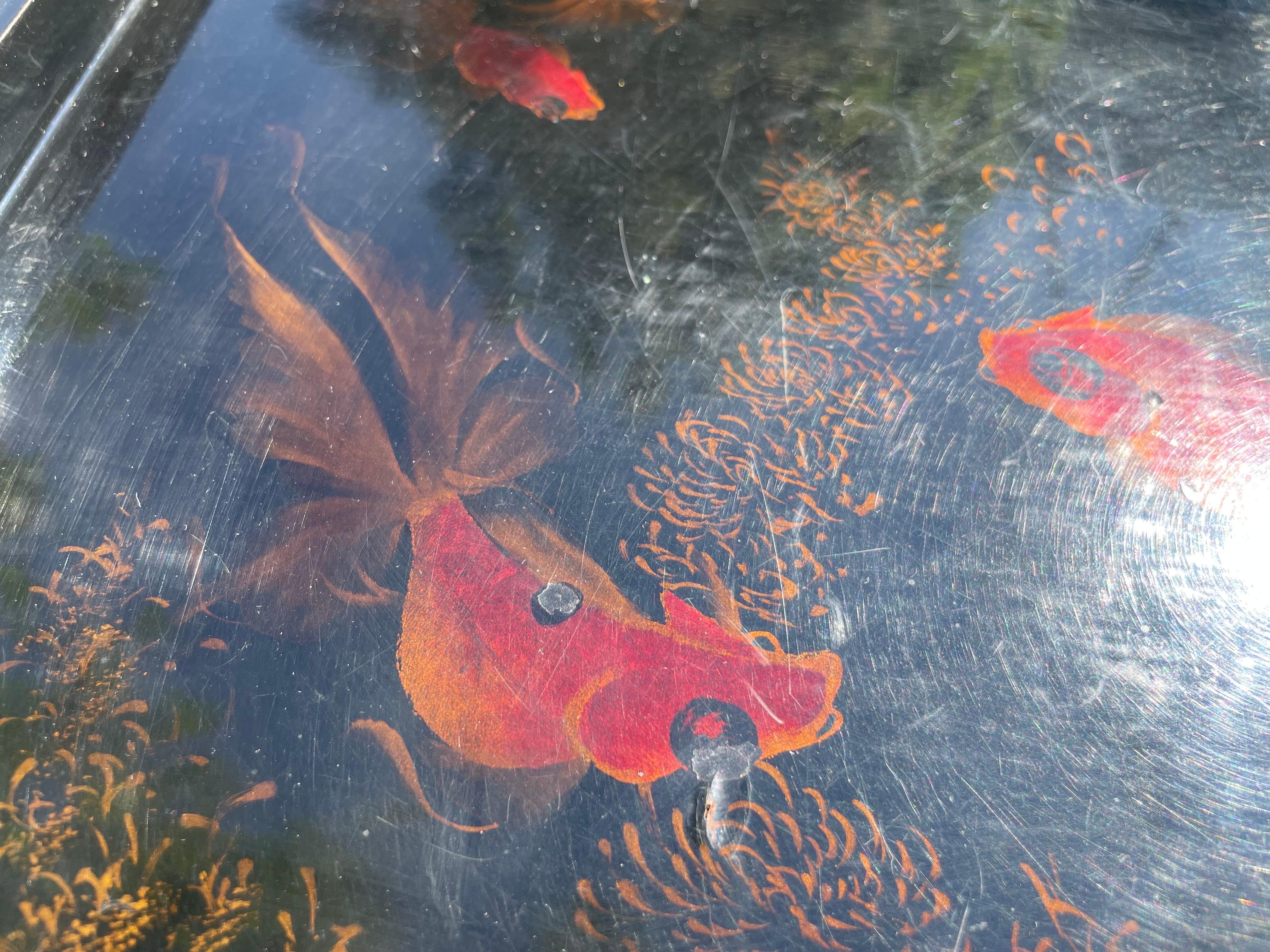 Wood Lacquered Asian Tray from Vietnam, with Fishes Decor Pattern in Orange Color