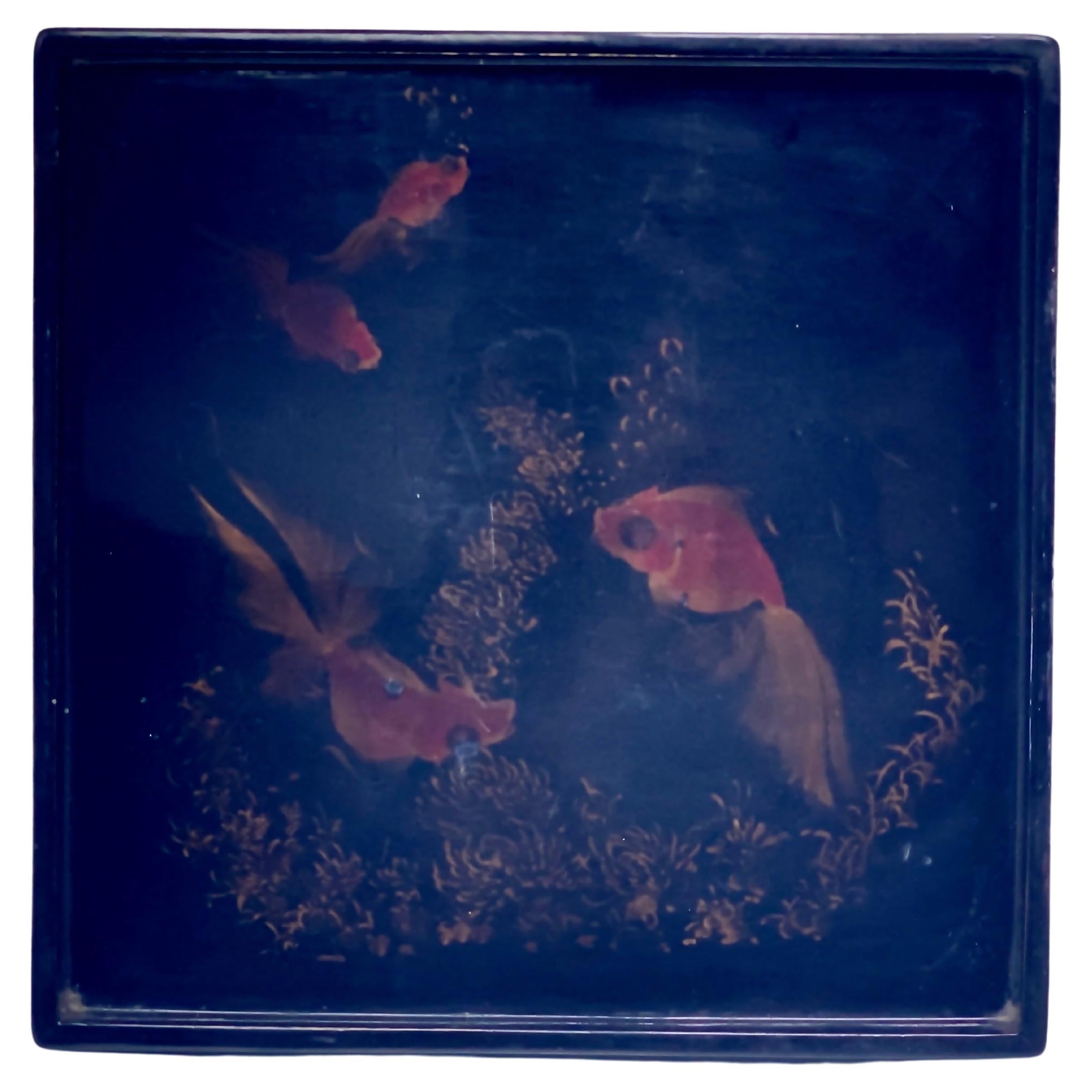 Lacquered Asian Tray from Vietnam, with Fishes Decor Pattern in Orange Color