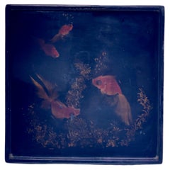 Lacquered Asian Tray from Vietnam, with Fishes Decor Pattern in Orange Color