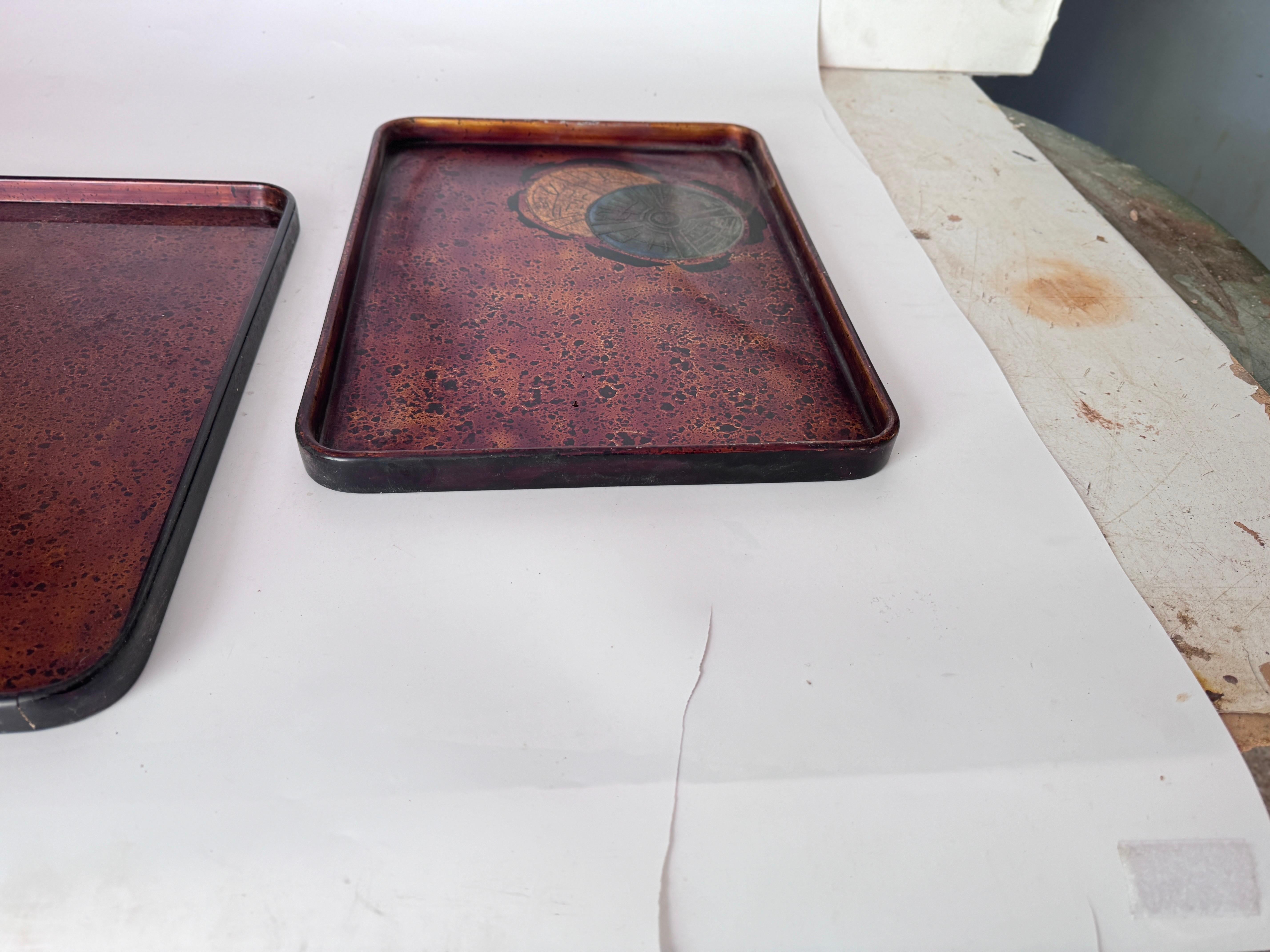 Wood Lacquered Asian Trays from Vietnam, with circles Decor Pattern Set of 2 For Sale