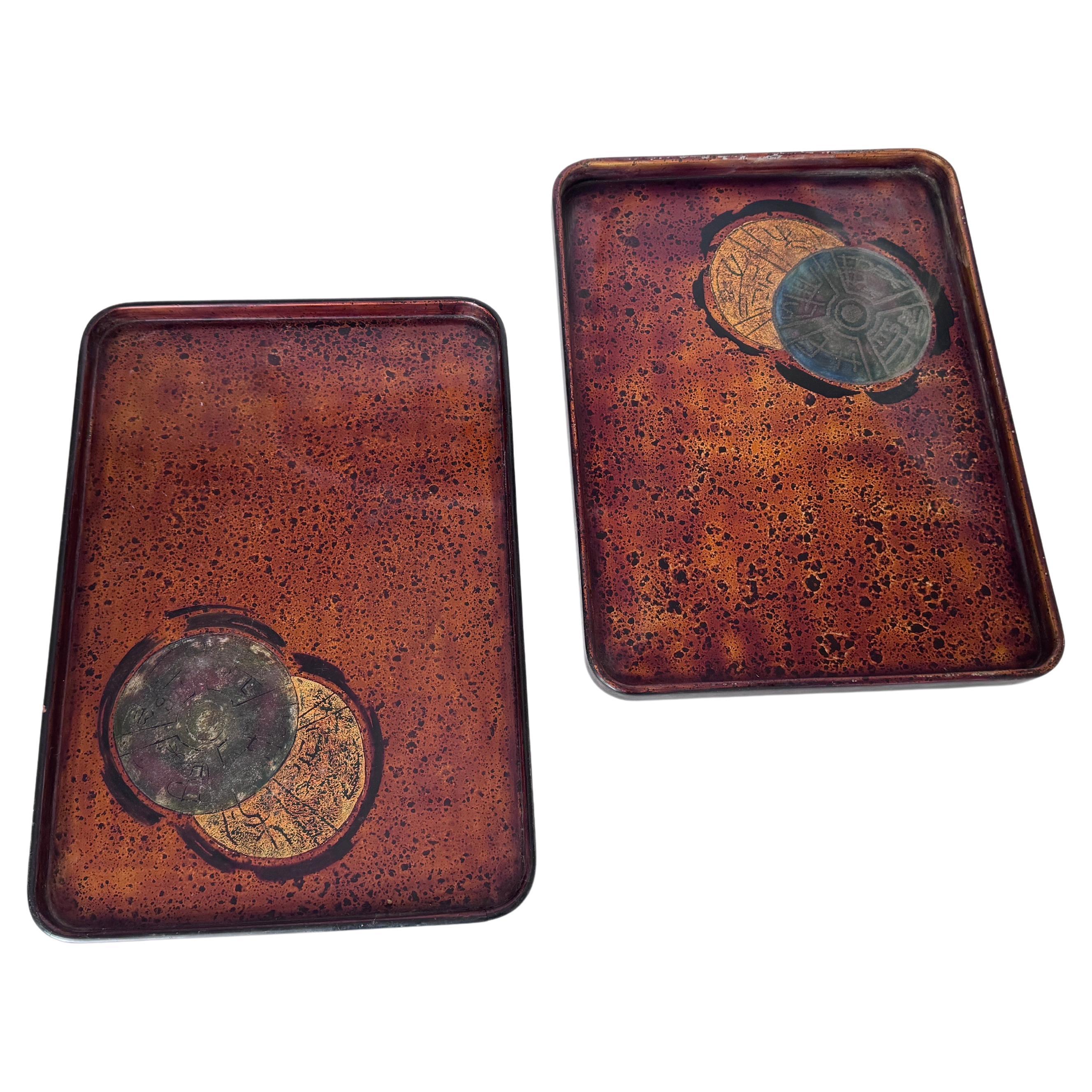 Lacquered Asian Trays from Vietnam, with circles Decor Pattern Set of 2 For Sale