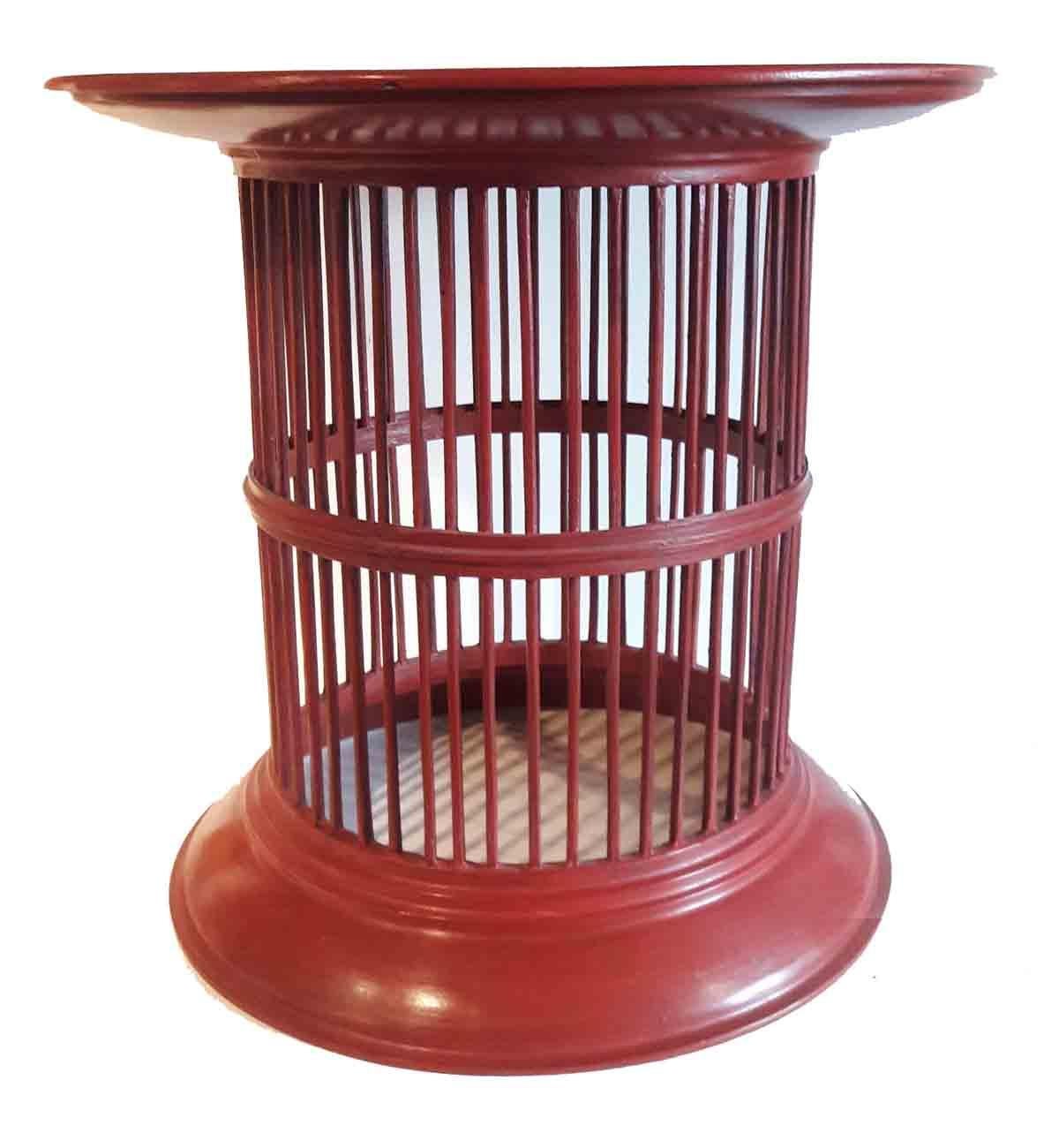 A lacquered bamboo drum table from Thailand, Contemporary. Lightweight, yet sturdy, these tables can offer a touch of eye-catching color to any room with an eclectic decor. Available in red and green.