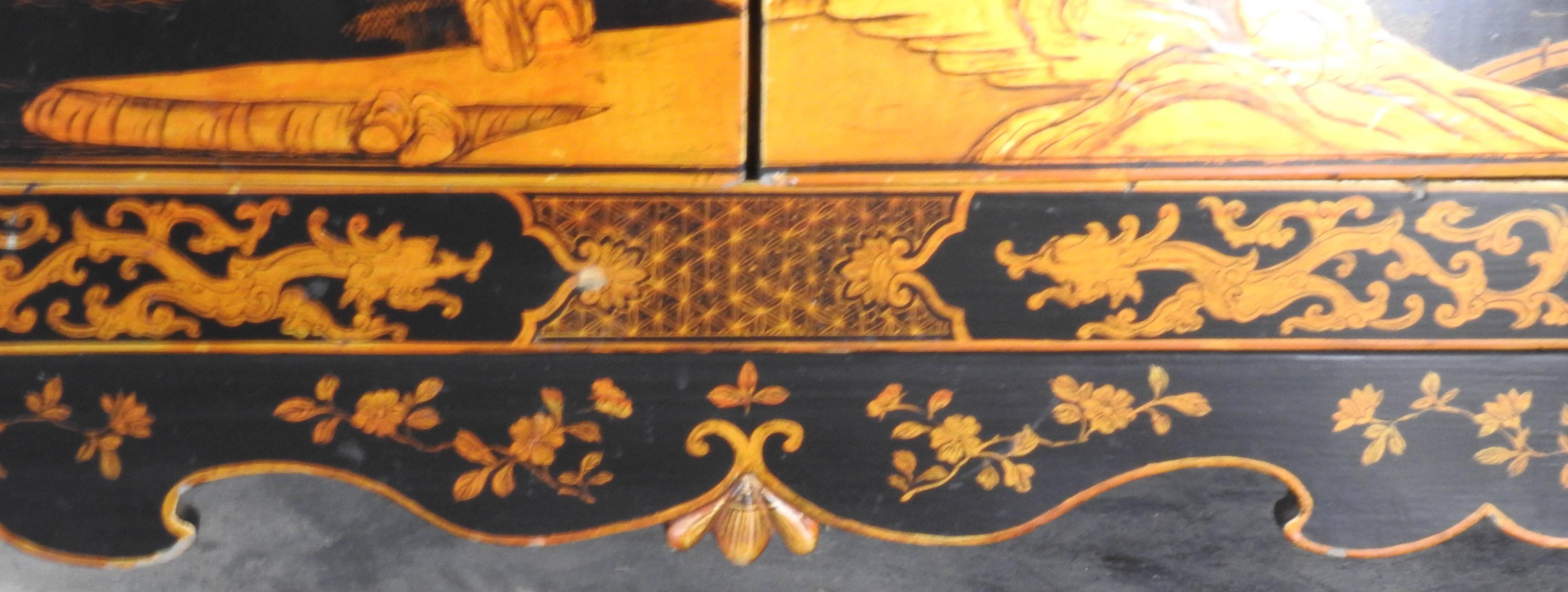 Chinoiserie Lacquered Black Cabinet with Cloisonné Pulls For Sale