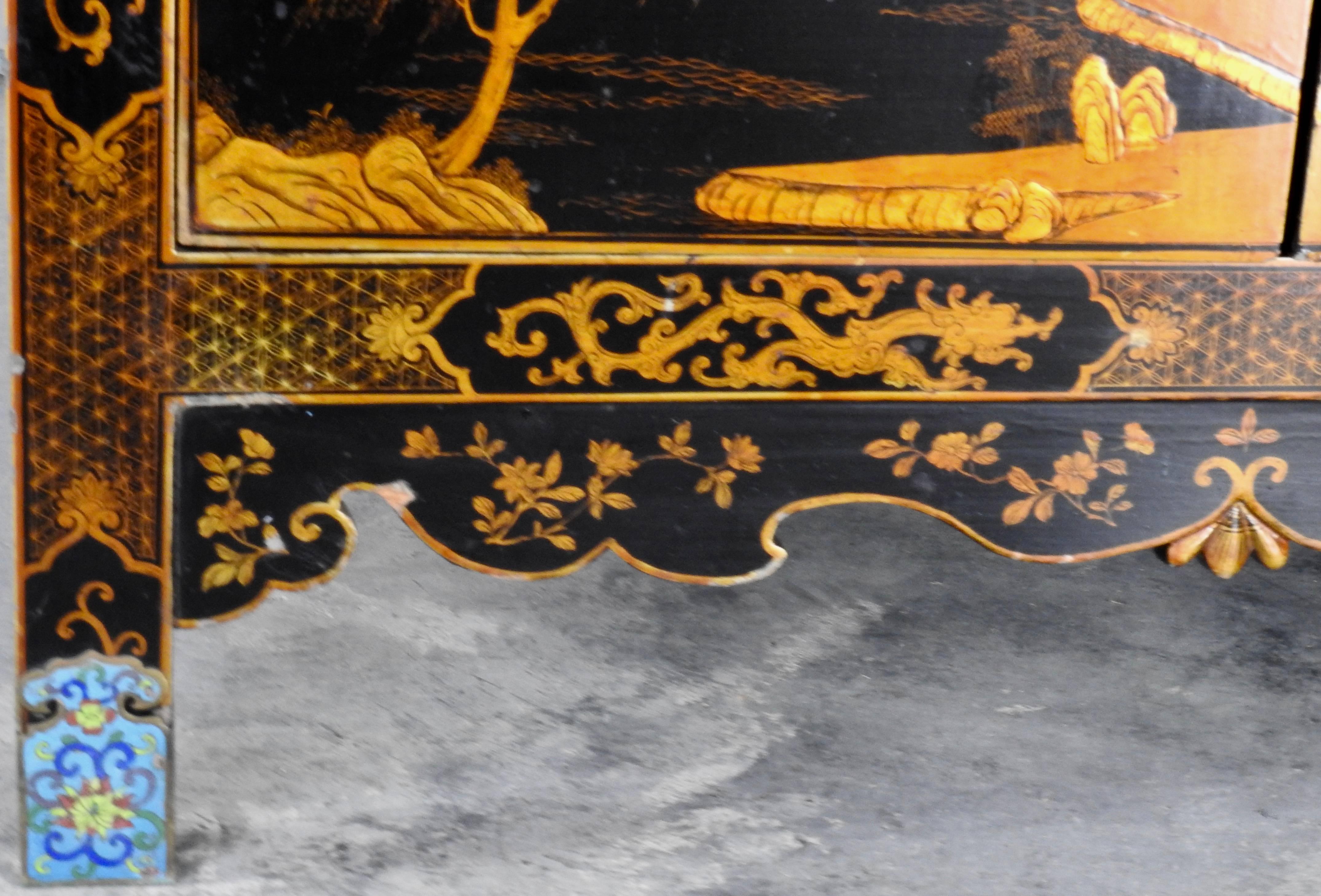 Chinese Lacquered Black Cabinet with Cloisonné Pulls For Sale