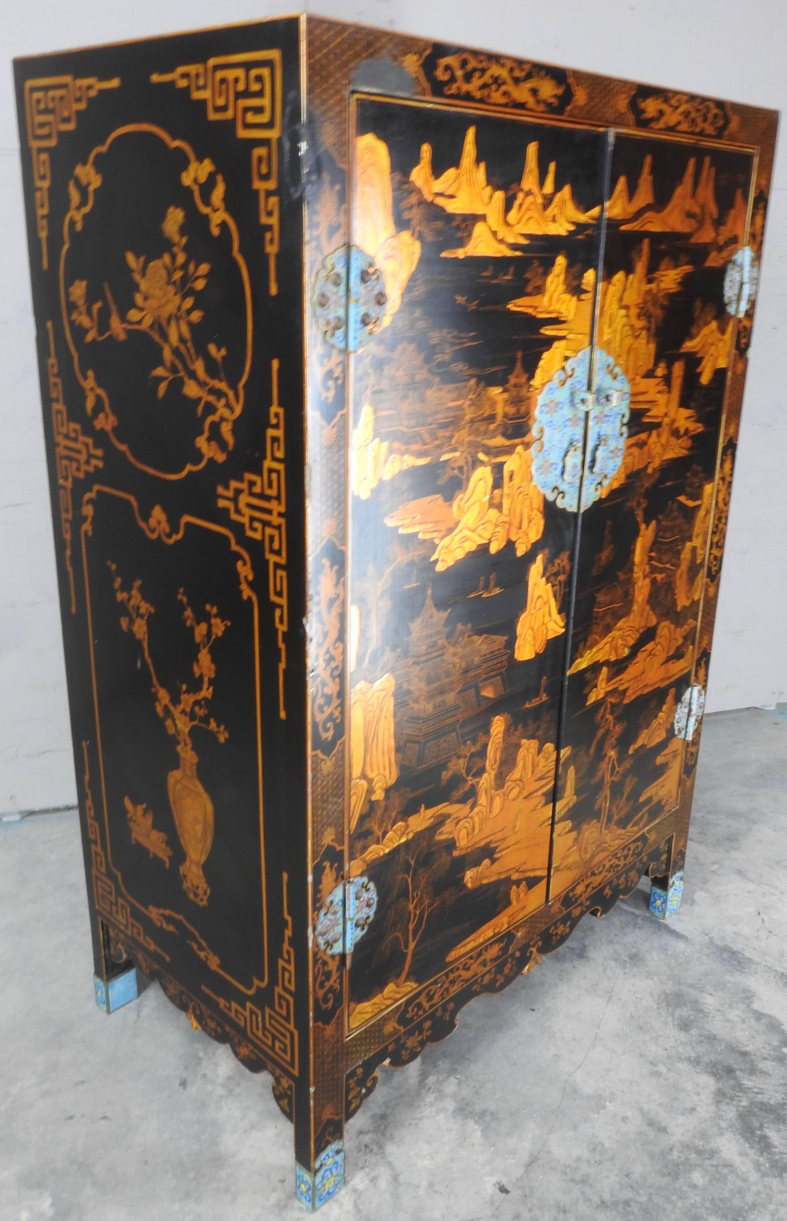 Lacquered Black Cabinet with Cloisonné Pulls In Fair Condition For Sale In Cookeville, TN