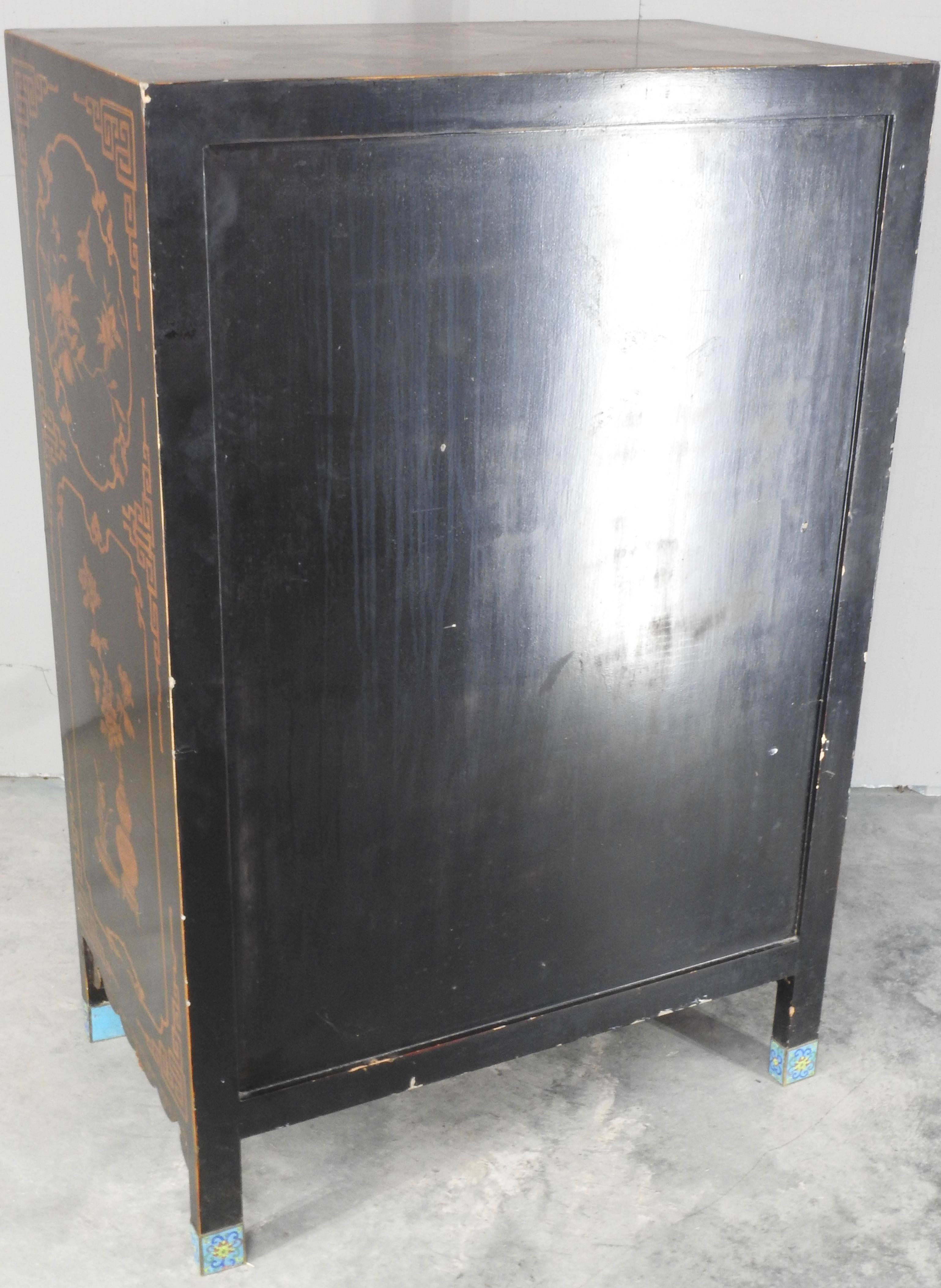 Lacquered Black Cabinet with Cloisonné Pulls For Sale 1