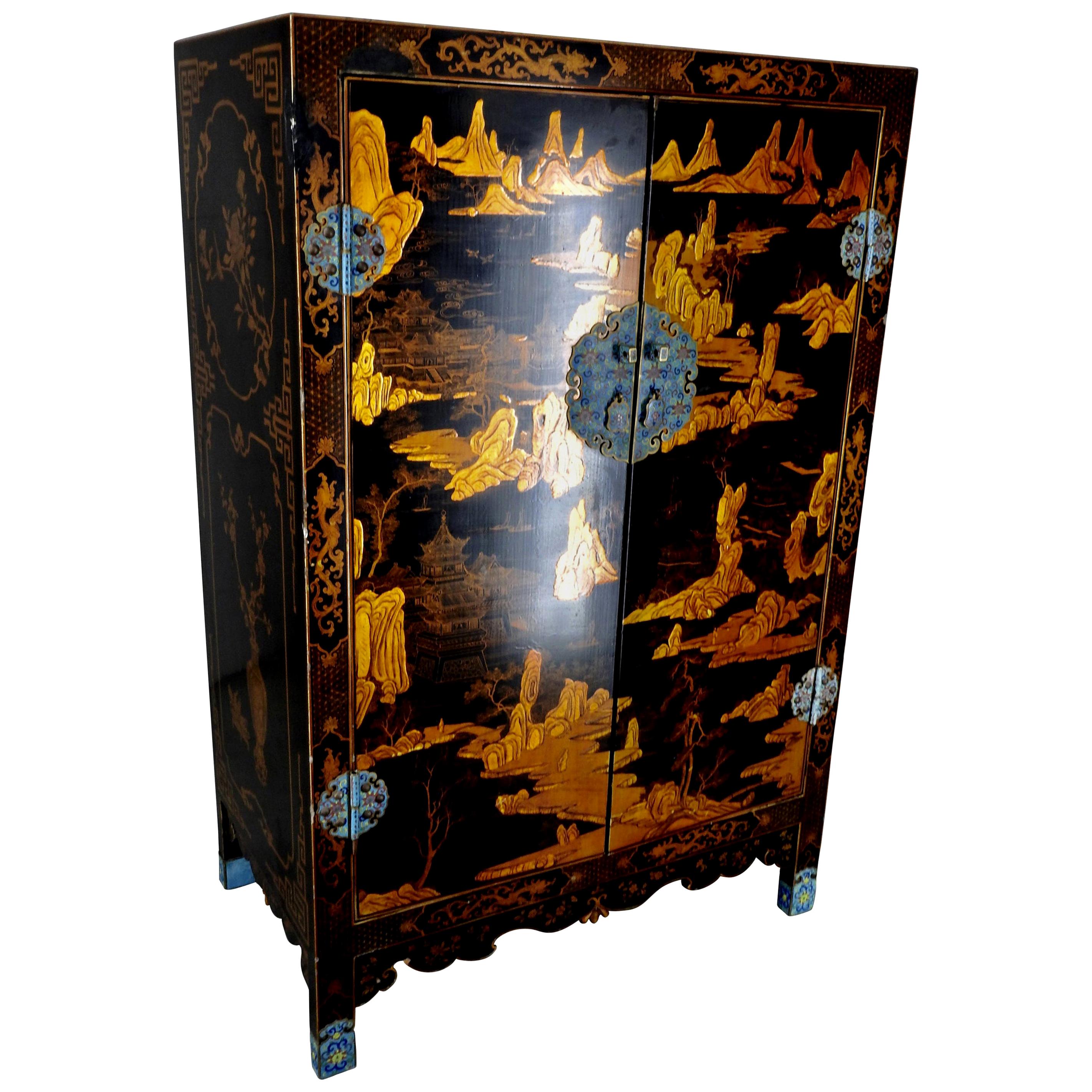 Lacquered Black Cabinet with Cloisonné Pulls For Sale