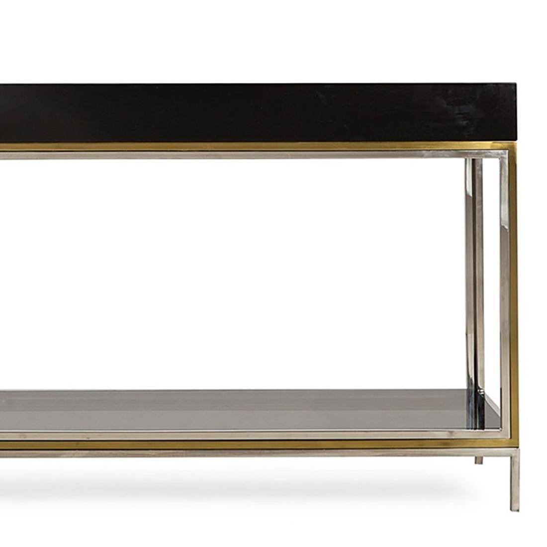 Stainless Steel Lacquered Black Console Table For Sale