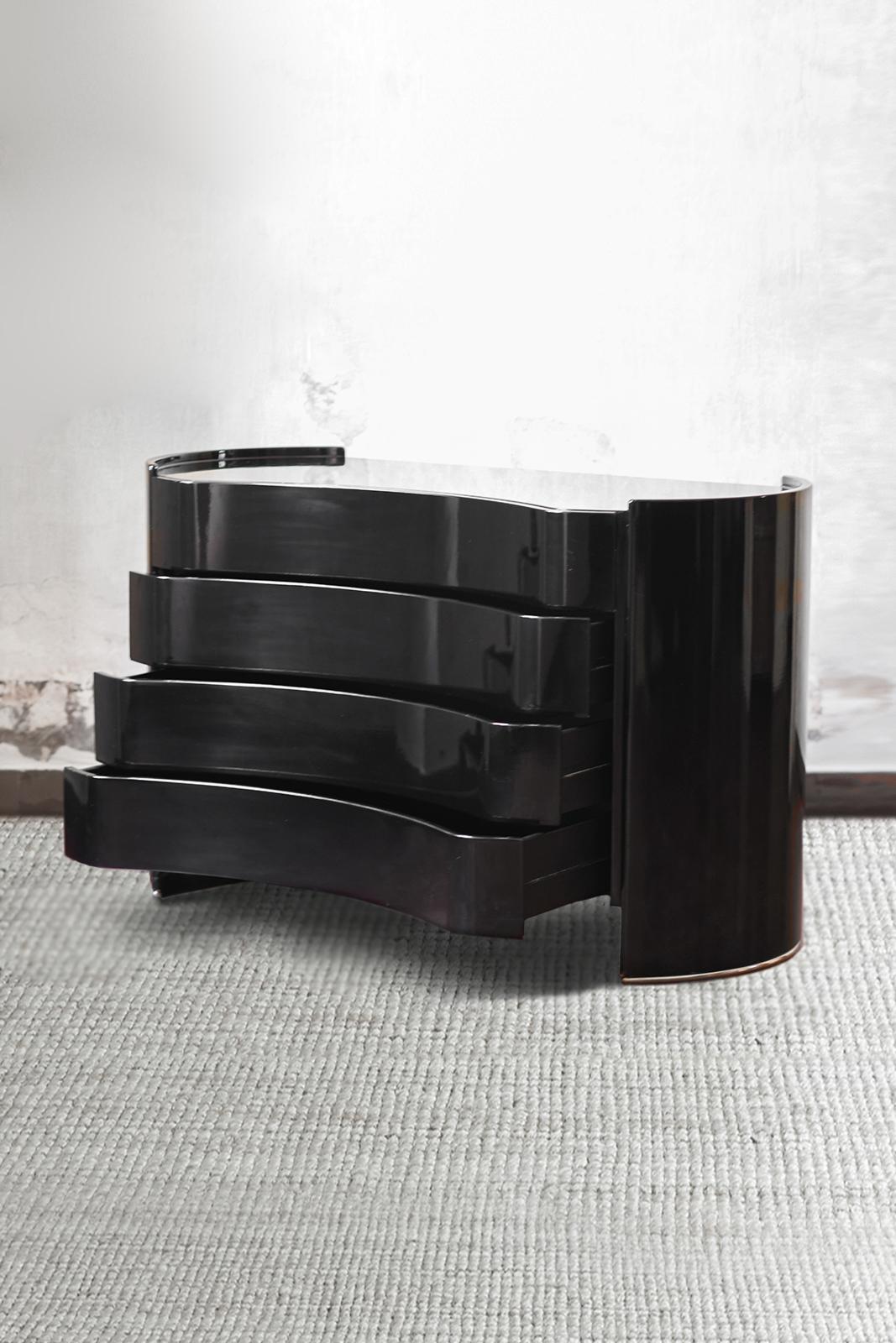 Commode en bois noir laqué et métal&wood chromé, modèle 