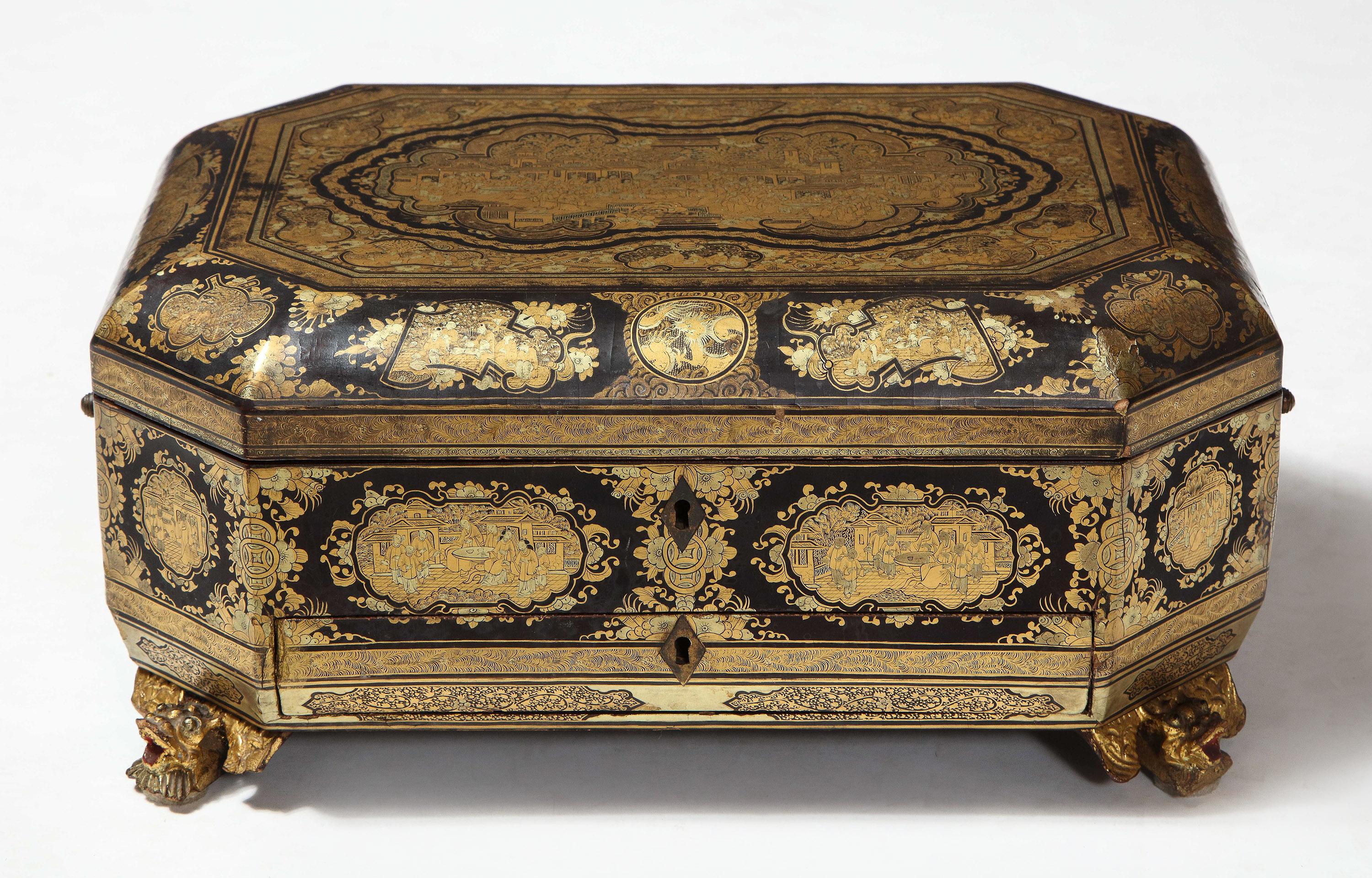 Chinese lacquer sewing box

19th century Chinese lacquer sewing box from the Qing dynasty. Having intricately designed lacquer and gilding throughout, with lower pullout work surface and dragon feet. 
Superb condition.
