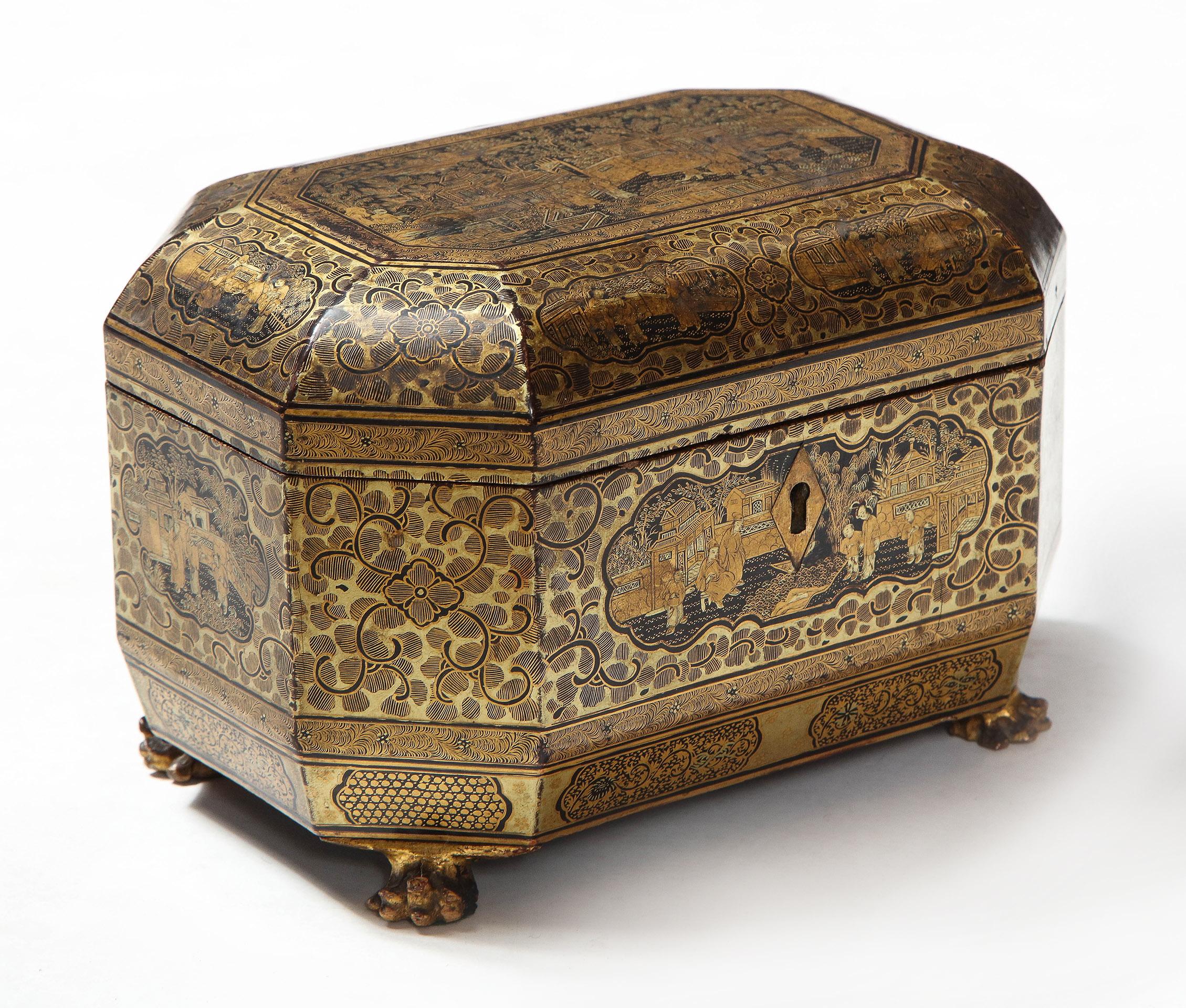 Gilt lacquer Chinese tea caddy

Chinese export lacquer tea caddy on dragon feet from the Qing dynasty. Octagonal form with hinged lid, divided interior with pewter caddies.