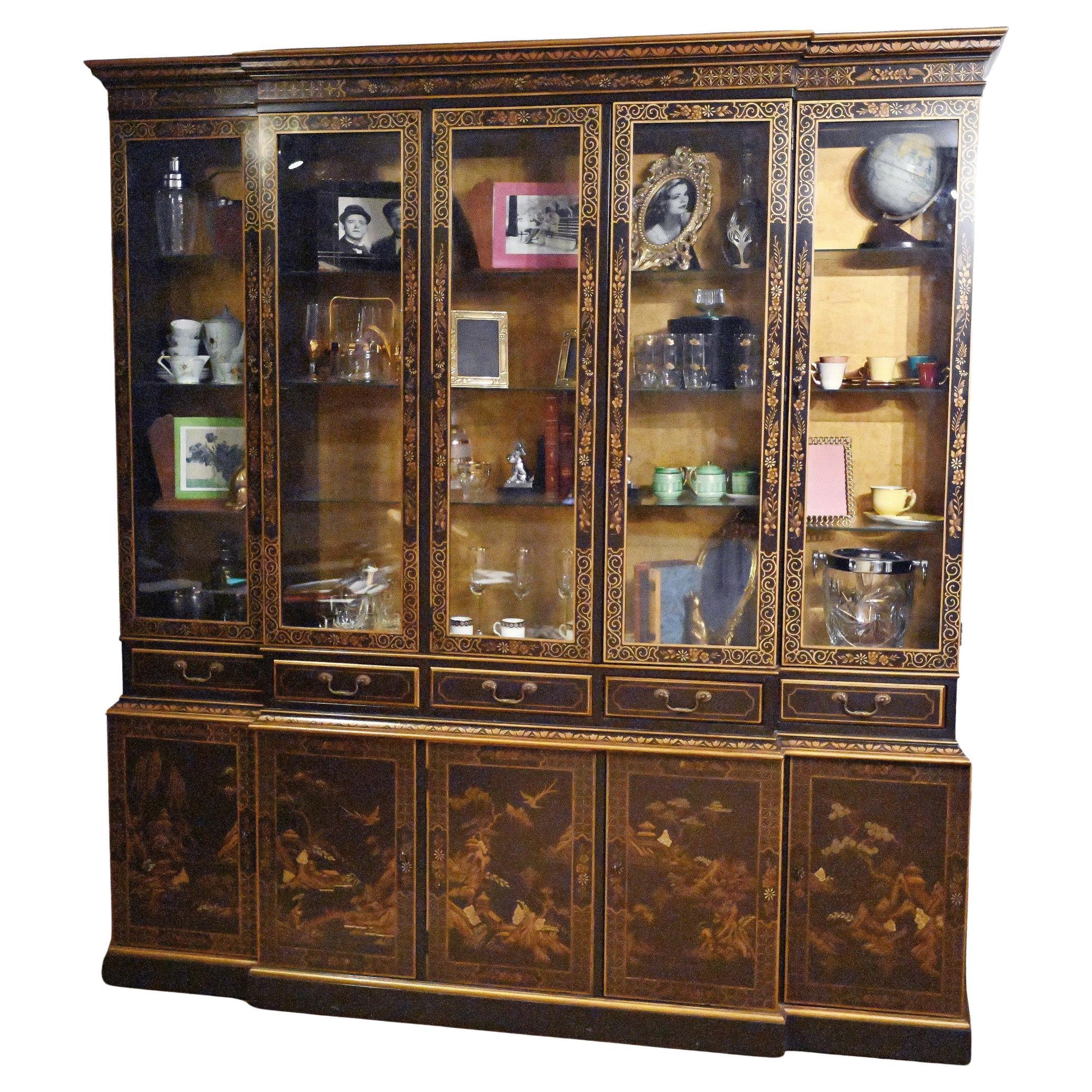 Lacquered Breakfront Bookcase Chinoiserie For Sale