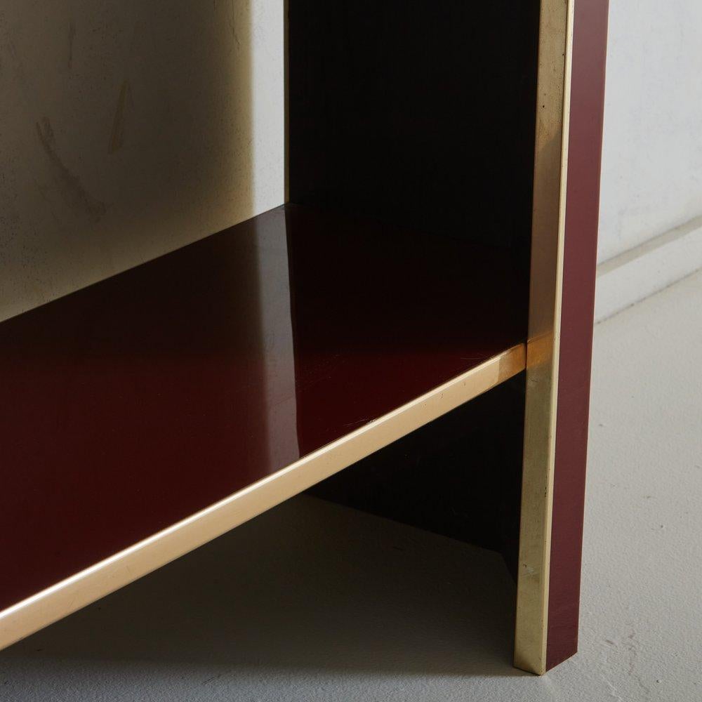 Lacquered Burgundy + Brass Console Table, France, 1970s 5