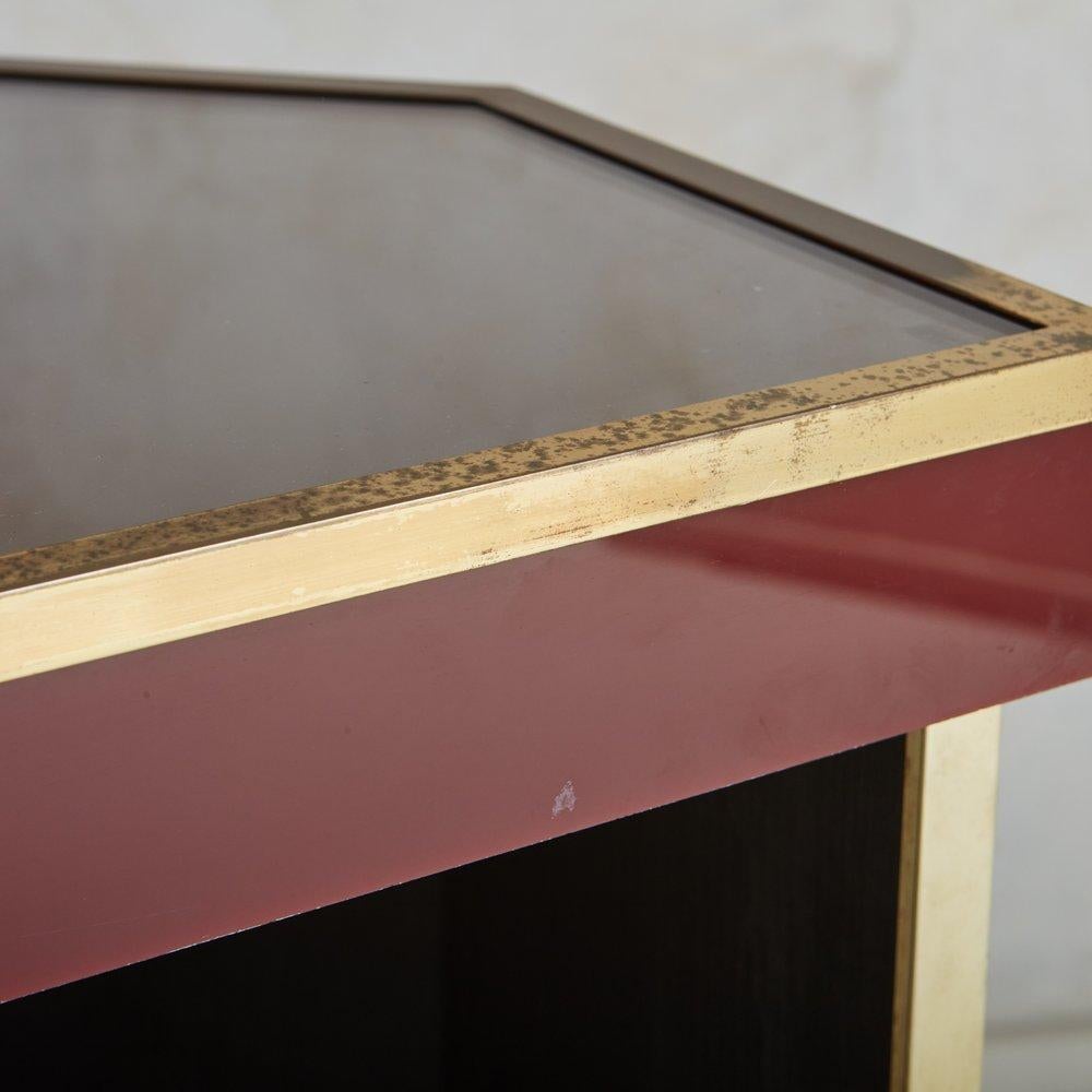 Lacquered Burgundy + Brass Console Table, France, 1970s 7