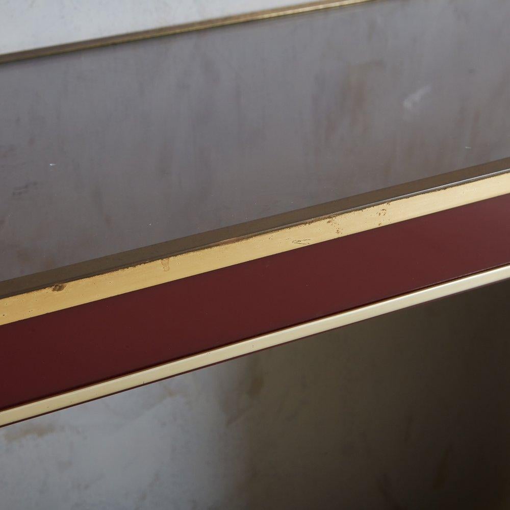 French Lacquered Burgundy + Brass Console Table, France, 1970s