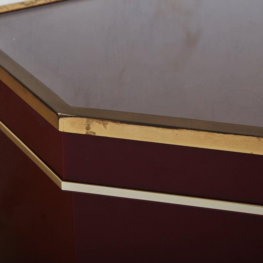 Lacquered Burgundy + Brass Console Table, France, 1970s 1