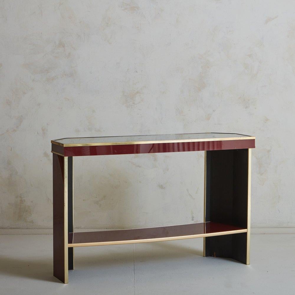 Lacquered Burgundy + Brass Console Table, France, 1970s 3