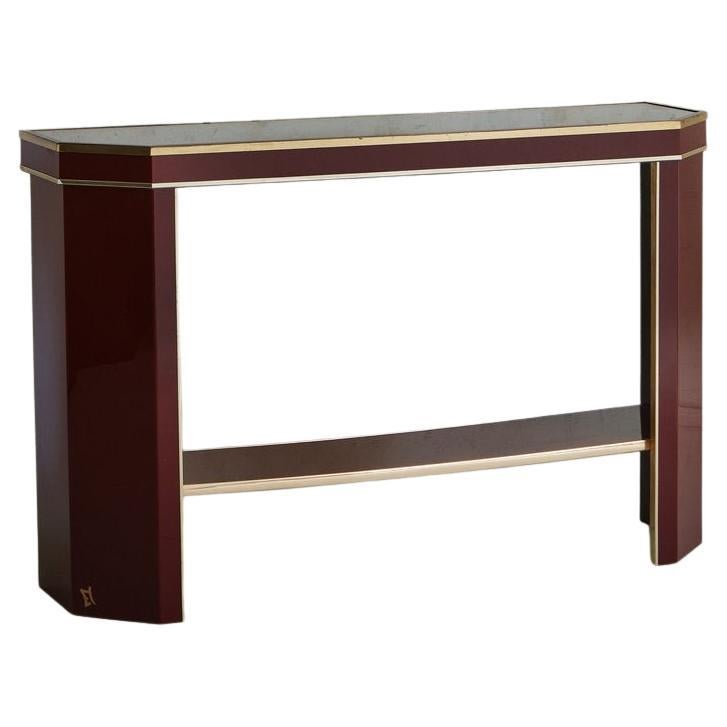 Lacquered Burgundy + Brass Console Table, France, 1970s