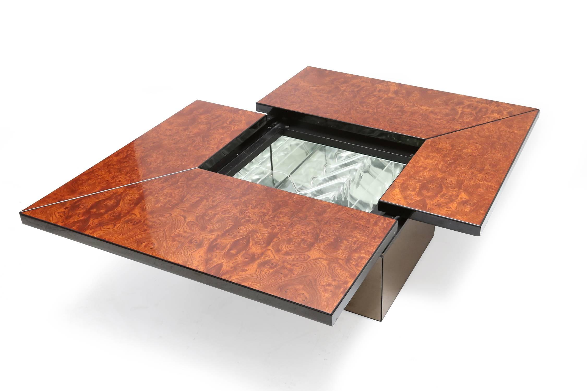 Mid-Century Modern Lacquered Burl Veneer Sliding Coffee Table with Hidden Dry Bar by Paul Frank