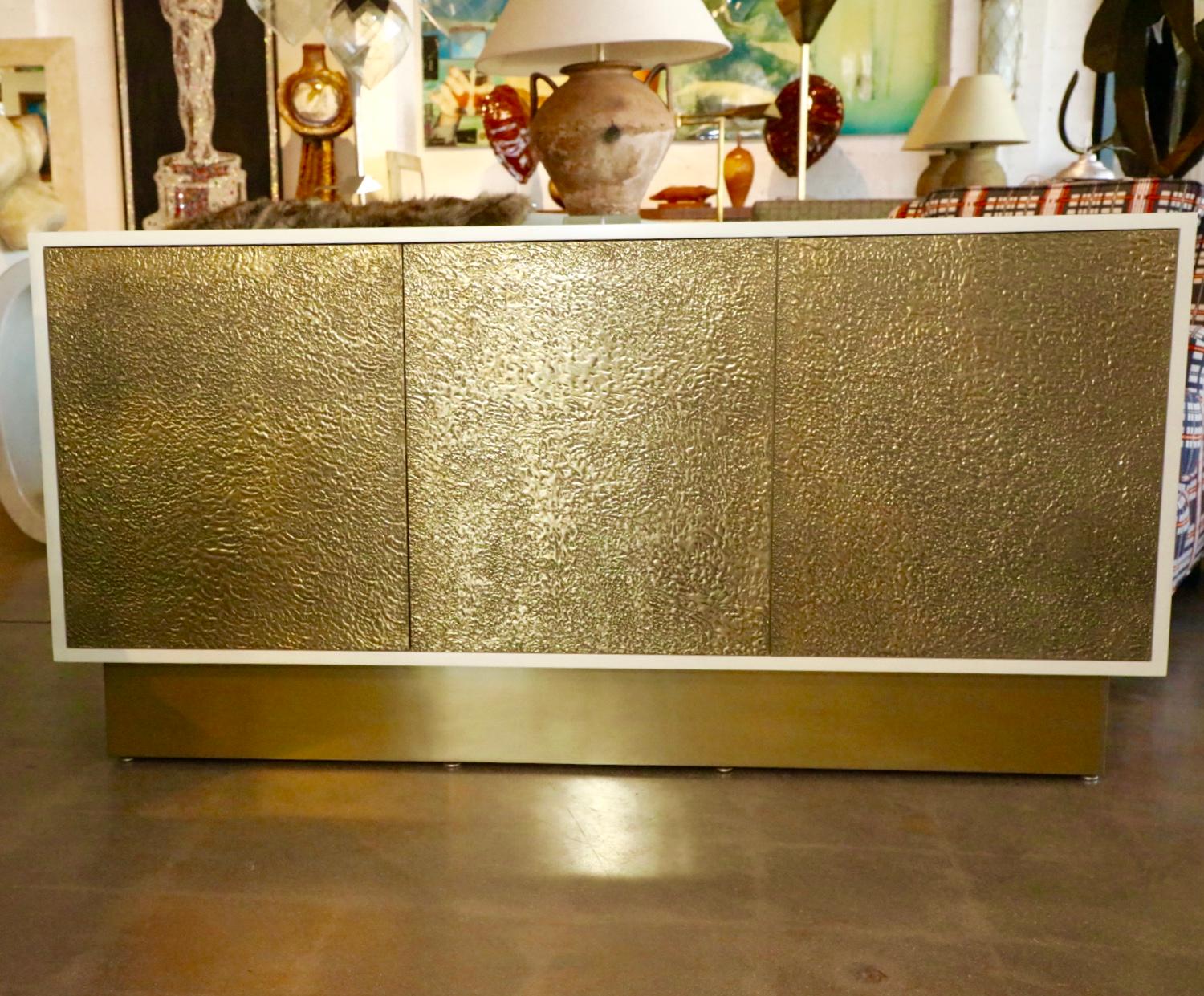 Hand-Crafted Lacquered Cabinet with Brass Textured Doors