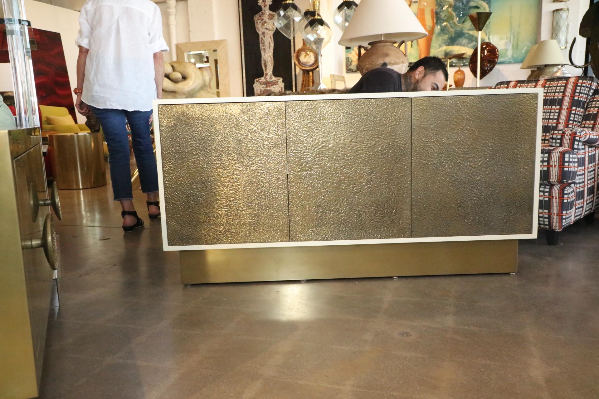 Lacquered Cabinet with Brass Textured Doors In Good Condition In Palm Springs, CA