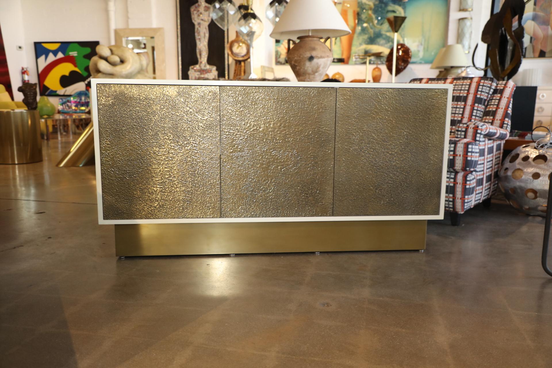 Contemporary Lacquered Cabinet with Brass Textured Doors