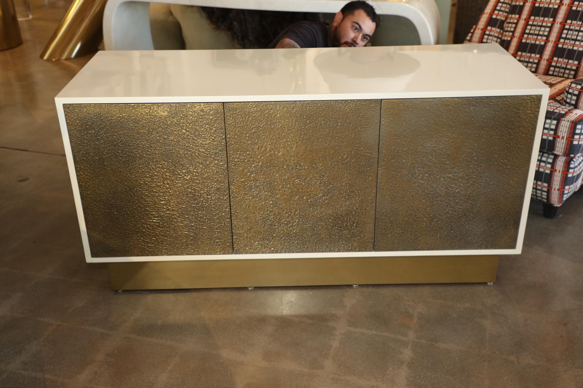 Wood Lacquered Cabinet with Brass Textured Doors