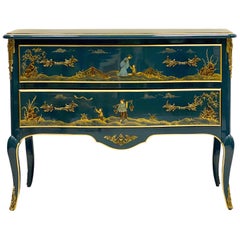 Lacquered Cerulean Blue Chinoiserie Commode / Chest Attributed to Century