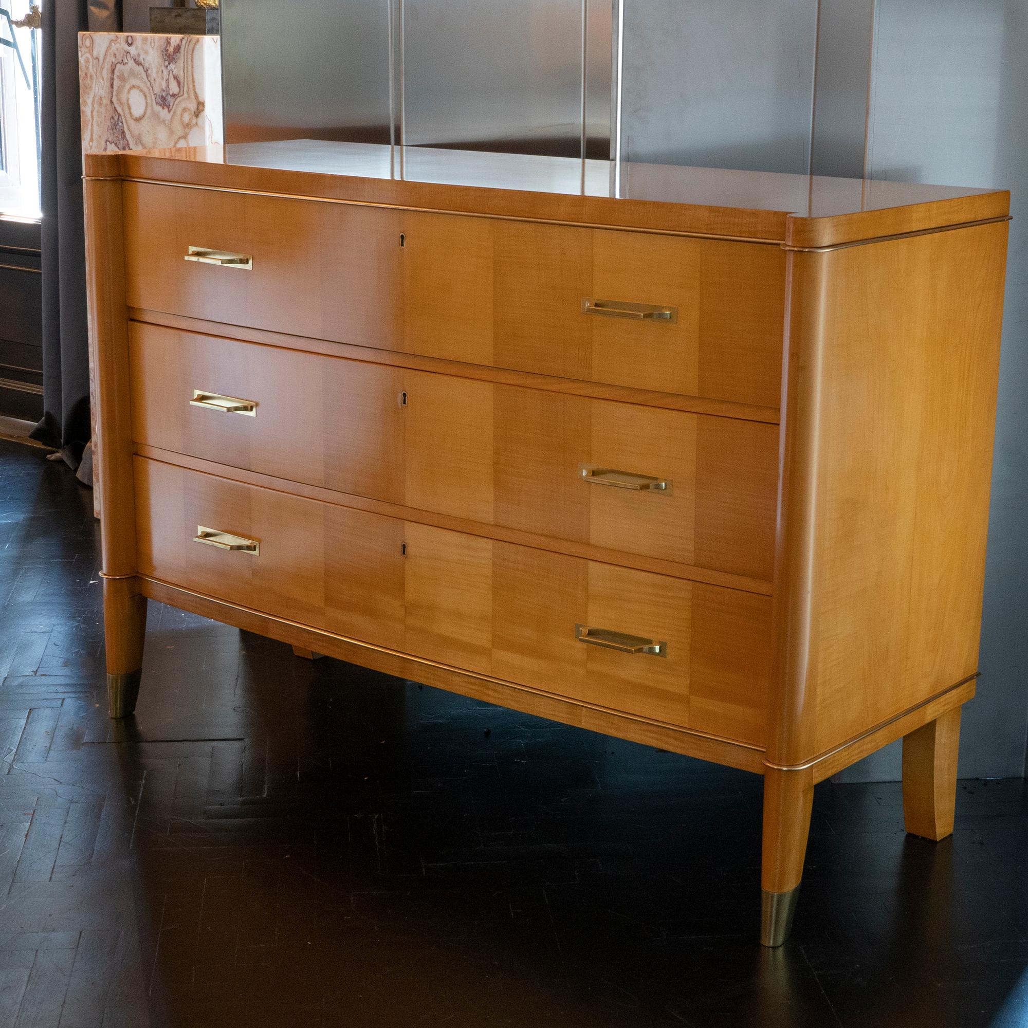 Mid-Century Modern Lacquered Cherry Wood and Brass Chest of Drawers, De Coene Belgium, circa 1940