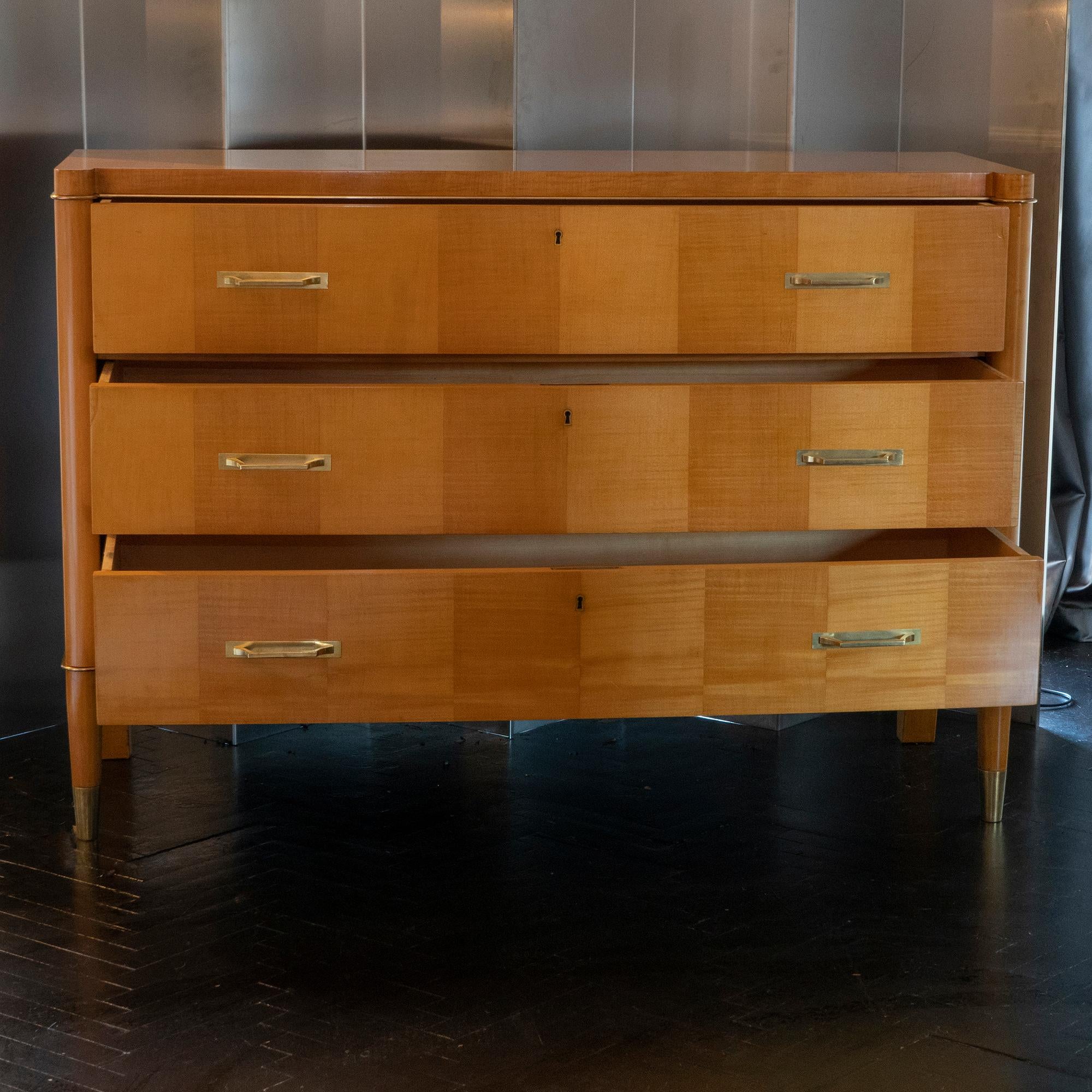 Lacquered Cherry Wood and Brass Chest of Drawers, De Coene Belgium, circa 1940 1