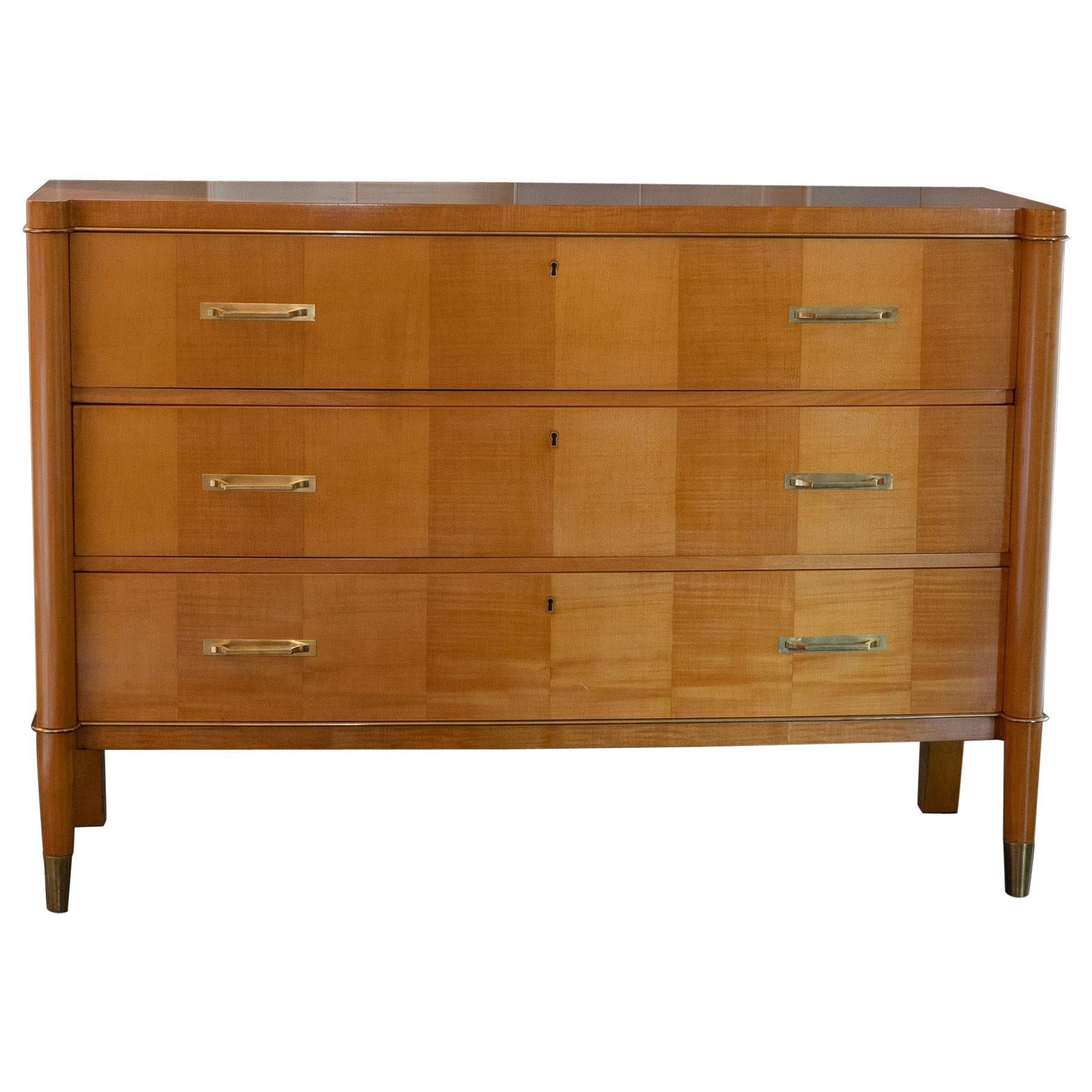 Lacquered Cherry Wood and Brass Chest of Drawers, De Coene Belgium, circa 1940