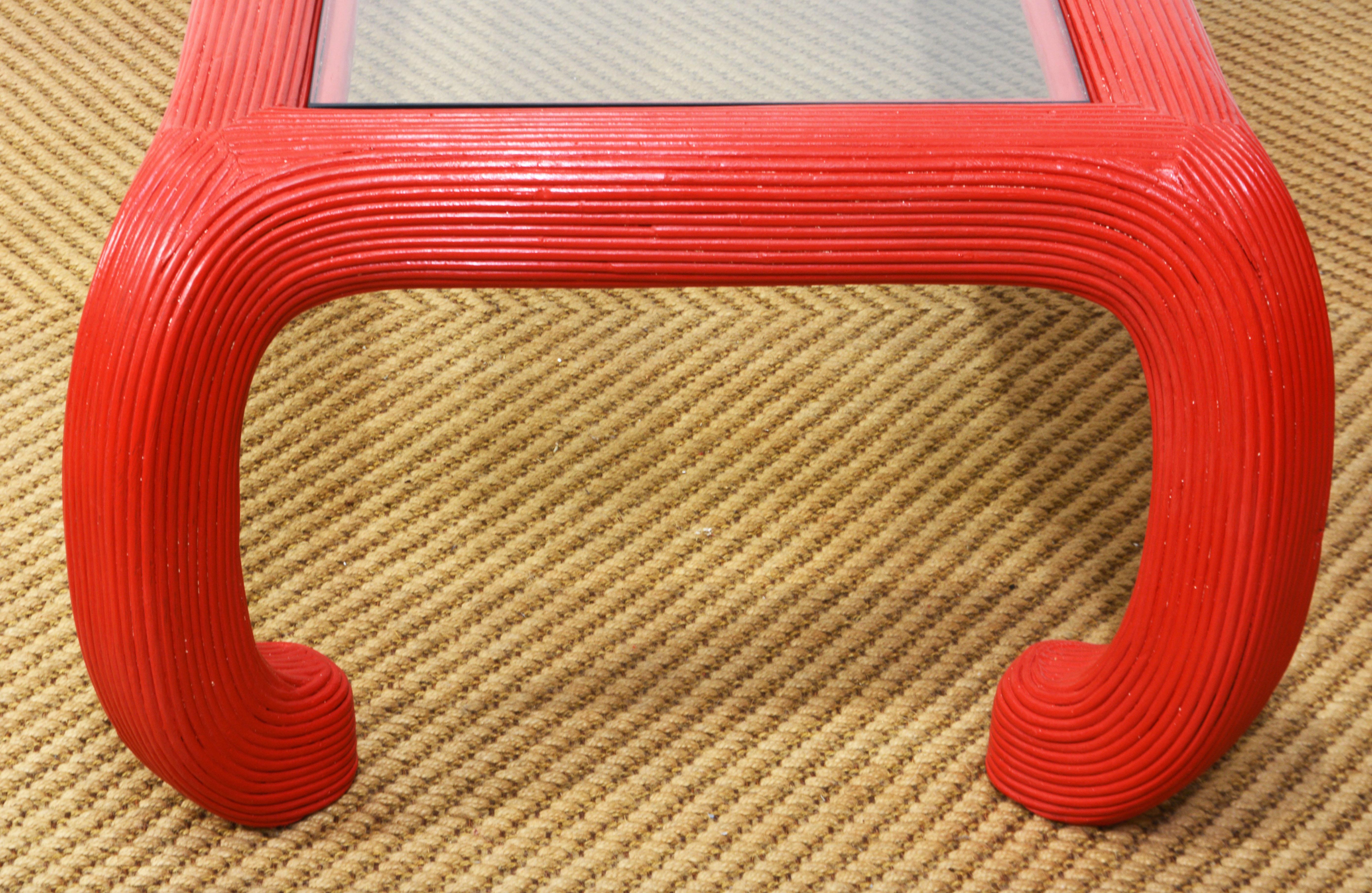 Lacquered Chinese Inspired Split Pencil Reed Glass Top Coffee Table In Good Condition In Ft. Lauderdale, FL