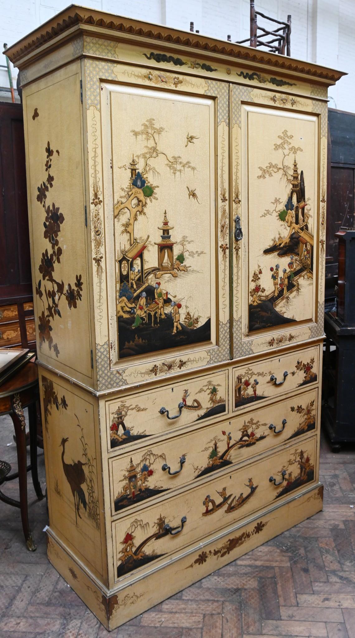 Lacquered Chinoiserie Cabinet Closet Linen Press 1880 For Sale 9
